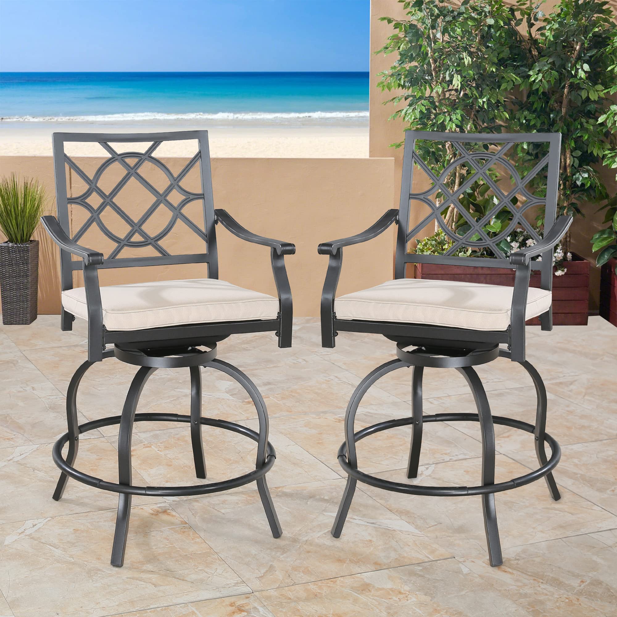 Swivel Counter-Height Bar Stools for Patio - Set of 2 Outdoor Bar Chairs with Removable Cushions, Steel Frame - Perfect for Backyard, Deck, Poolside & Outdoor Dining Areas