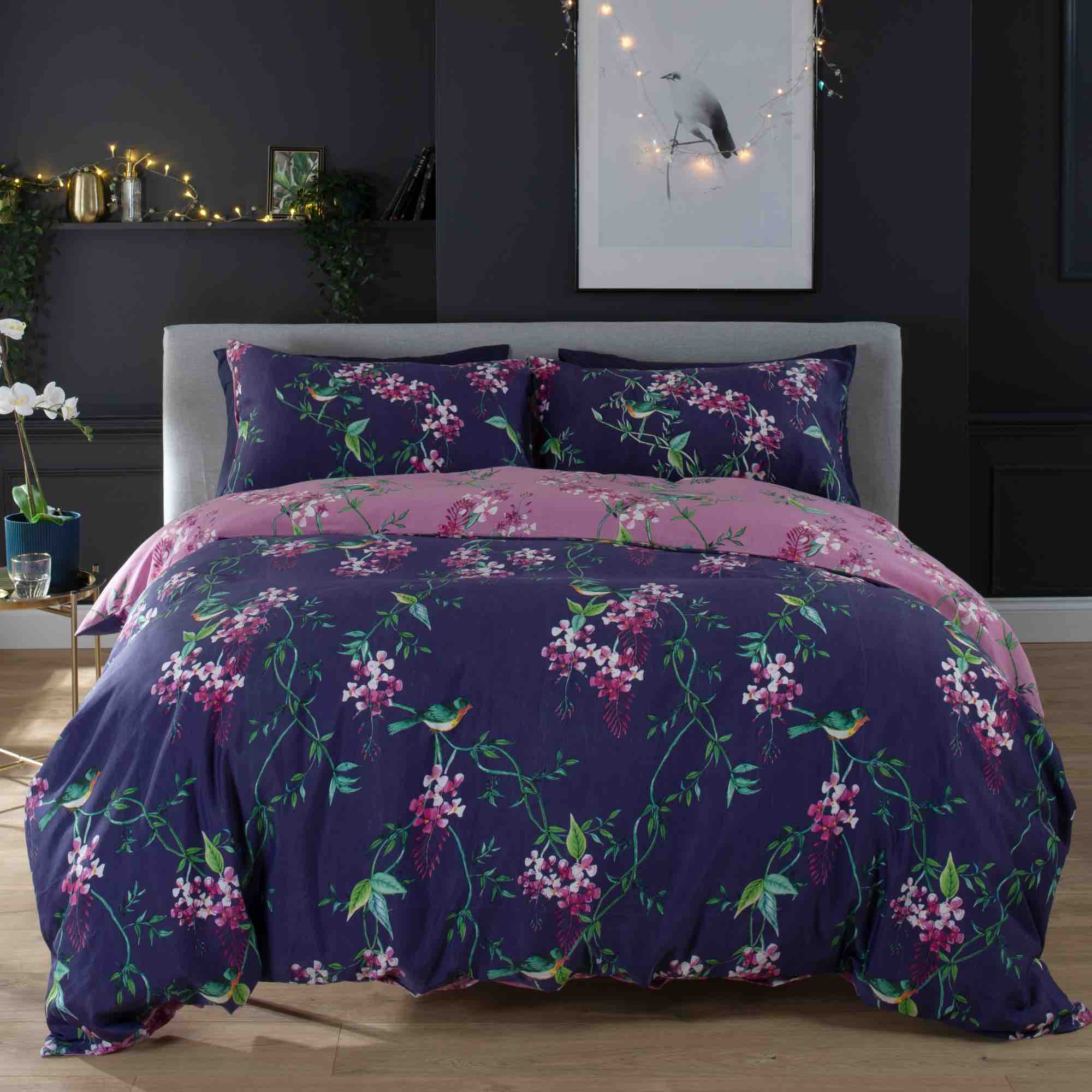 Deyongs 1846 Bird Garden Duvet Cover Set - Plum Floral Bedding, Queen/King Size, Soft Microfiber - Perfect for Bedroom Decor, Guest Room & Cozy Home Styling