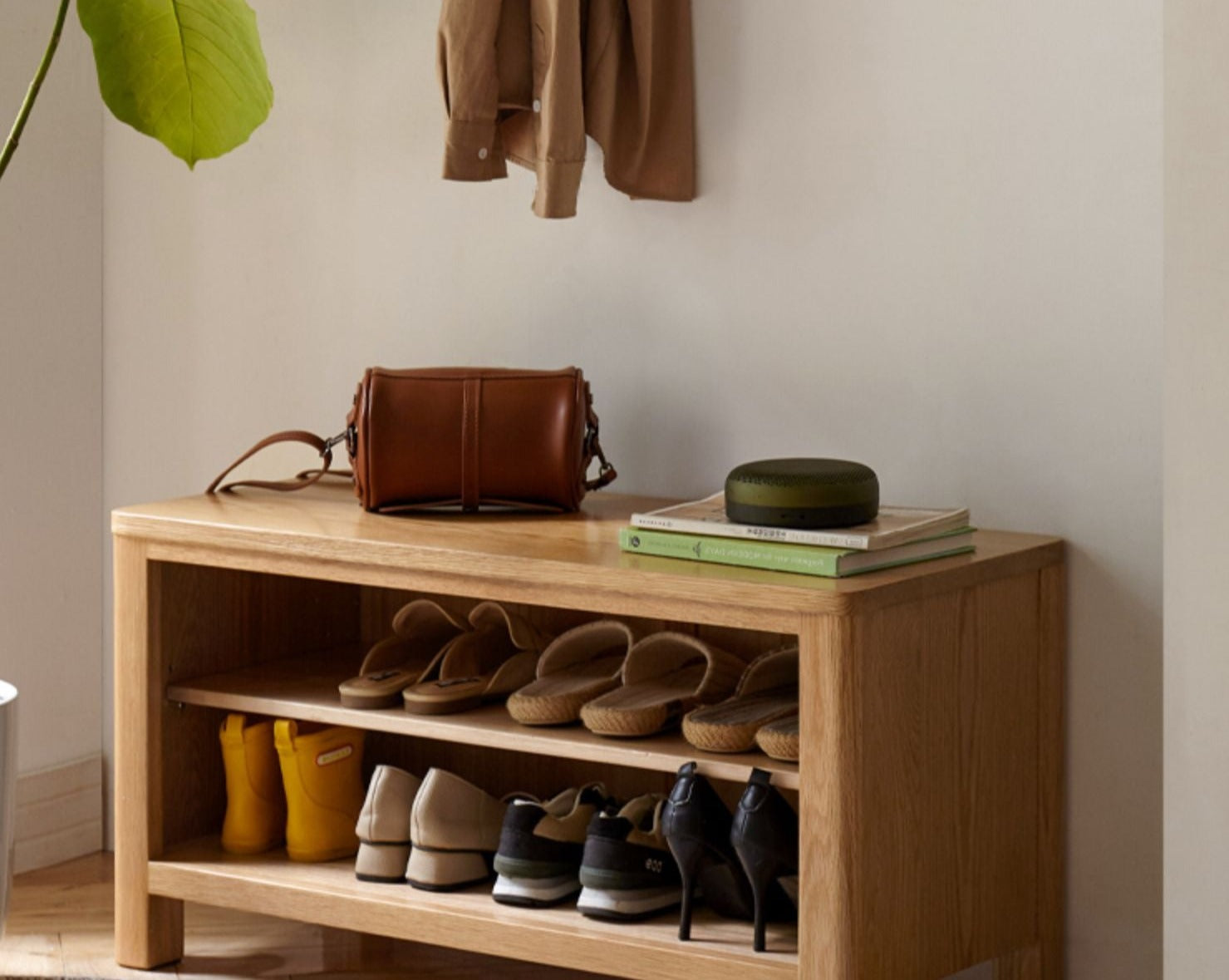 Solid Oak Wood Shoe Storage Bench with Cushion - Entryway Organizer for Shoes, Boots & Accessories - Perfect for Hallway, Mudroom & Closet Organization