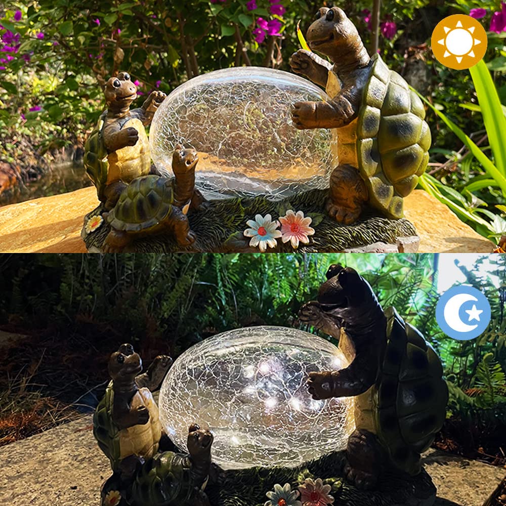 Solar Powered Turtle Mama and Baby Outdoor Garden Light Decor - Waterproof LED Landscape Lighting for Lawn, Yard, Pathway - Eco-Friendly Solar Garden Ornament (Turtles Family on Grass) - Perfect for Patio, Backyard, Walkway Decoration at Night