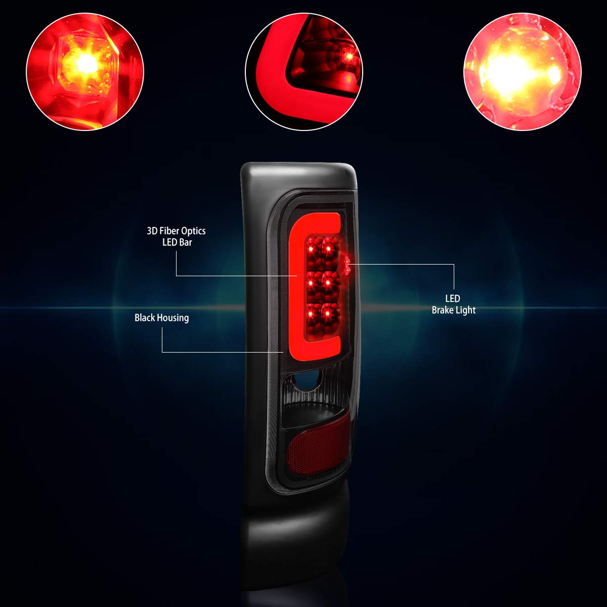 PM PERFORMOTOR C-Shape 3D LED Tail Lights Brake Lamps Assembly for 94-02 Dodge Ram - Black Housing/Smoked Lens | Enhanced Visibility & Style for Pickup Trucks | Perfect for Night Driving & Custom Upgrades