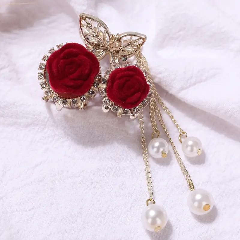 Elegant Rose Petals Hair Clip with Tassel & Pearl - Red Rose Hair Claw for Women & Girls | Bridal Hair Accessories, Headpiece for Weddings, Parties & Special Occasions
