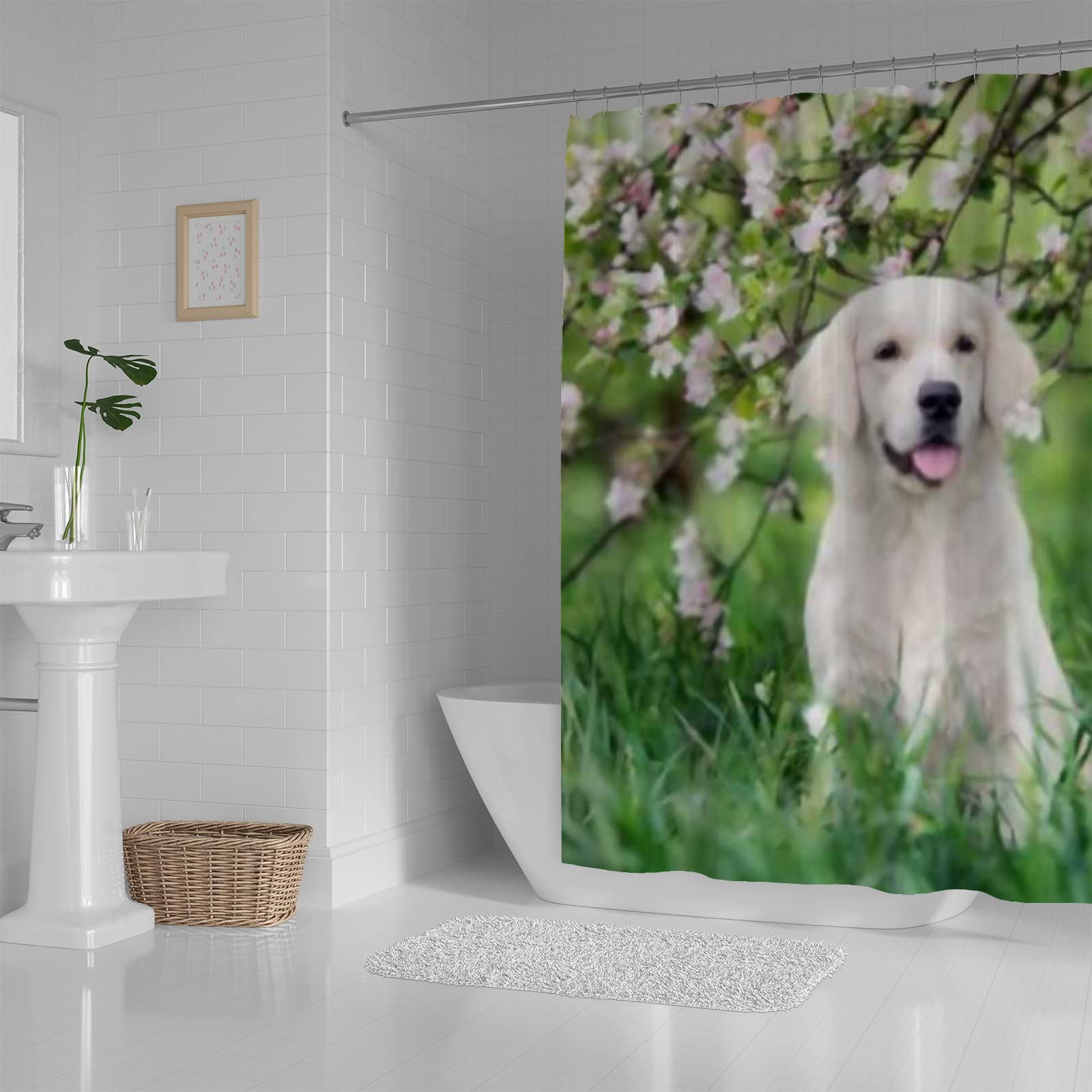 Golden Retriever Dog Print Waterproof Shower Curtain Liner 60x72 Inches - Polyester Bathroom Decor with 12 Hooks for Bath, Shower, and Pet Lover's Home Decoration