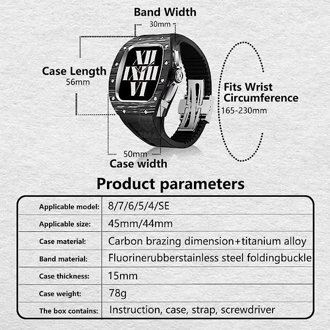 Premium Carbon Fiber Case & Fluorine Rubber Band for Apple Watch 44mm/45mm - Compatible with Series 8/7/6/5/4/SE - Rugged Protective Cover & Durable Strap Set for Men (AZ-LCD-Carbon) - Perfect for Workouts, Outdoor Adventures & Everyday Wear