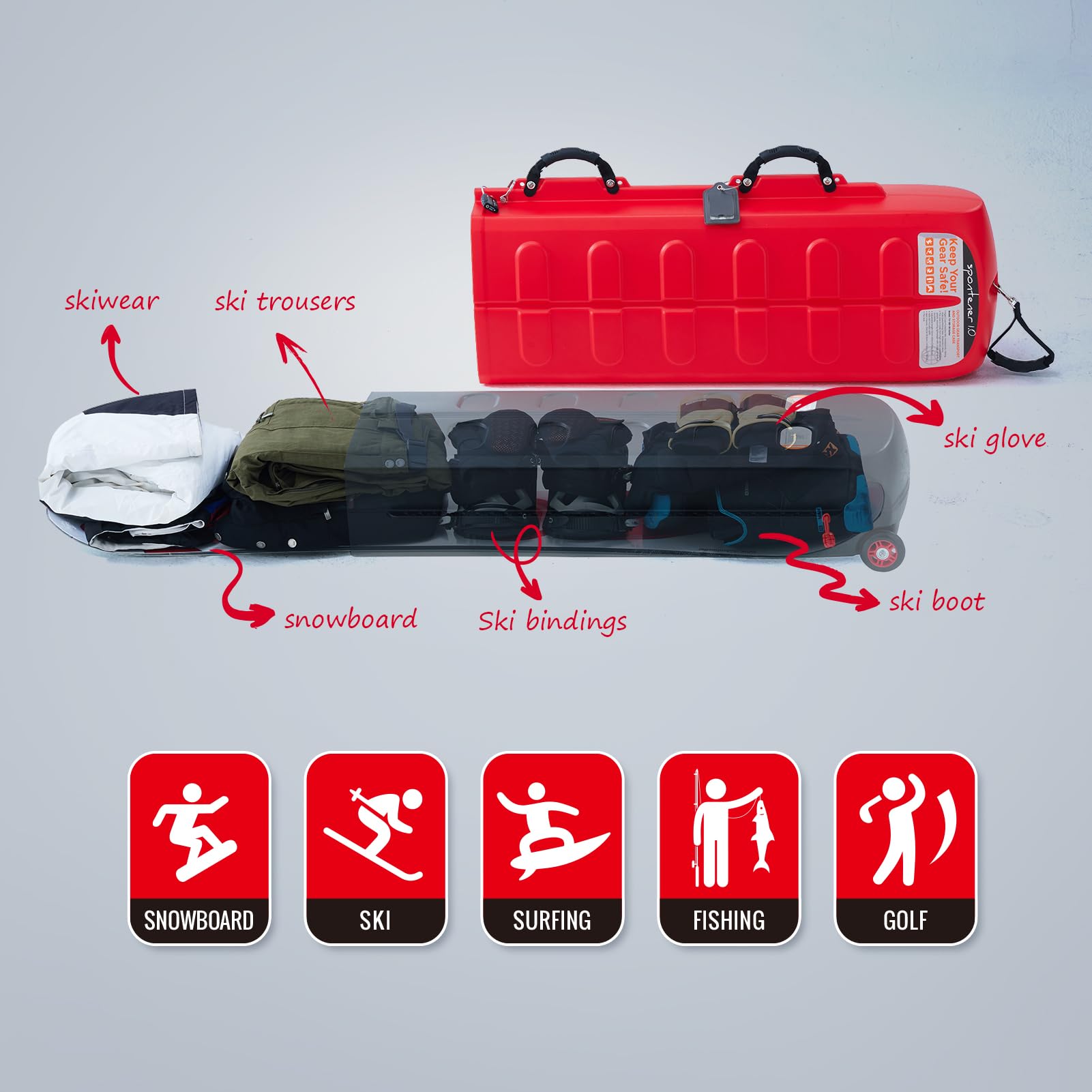 XCMAN 124L Hard Shell Ski and Snowboard Travel Case - Waterproof Airline Approved Storage for Snowboards, Fishing Rods, Water Skis, Spearfishing & Golf Equipment | Perfect for Air Travel, Winter Sports & Outdoor Adventures