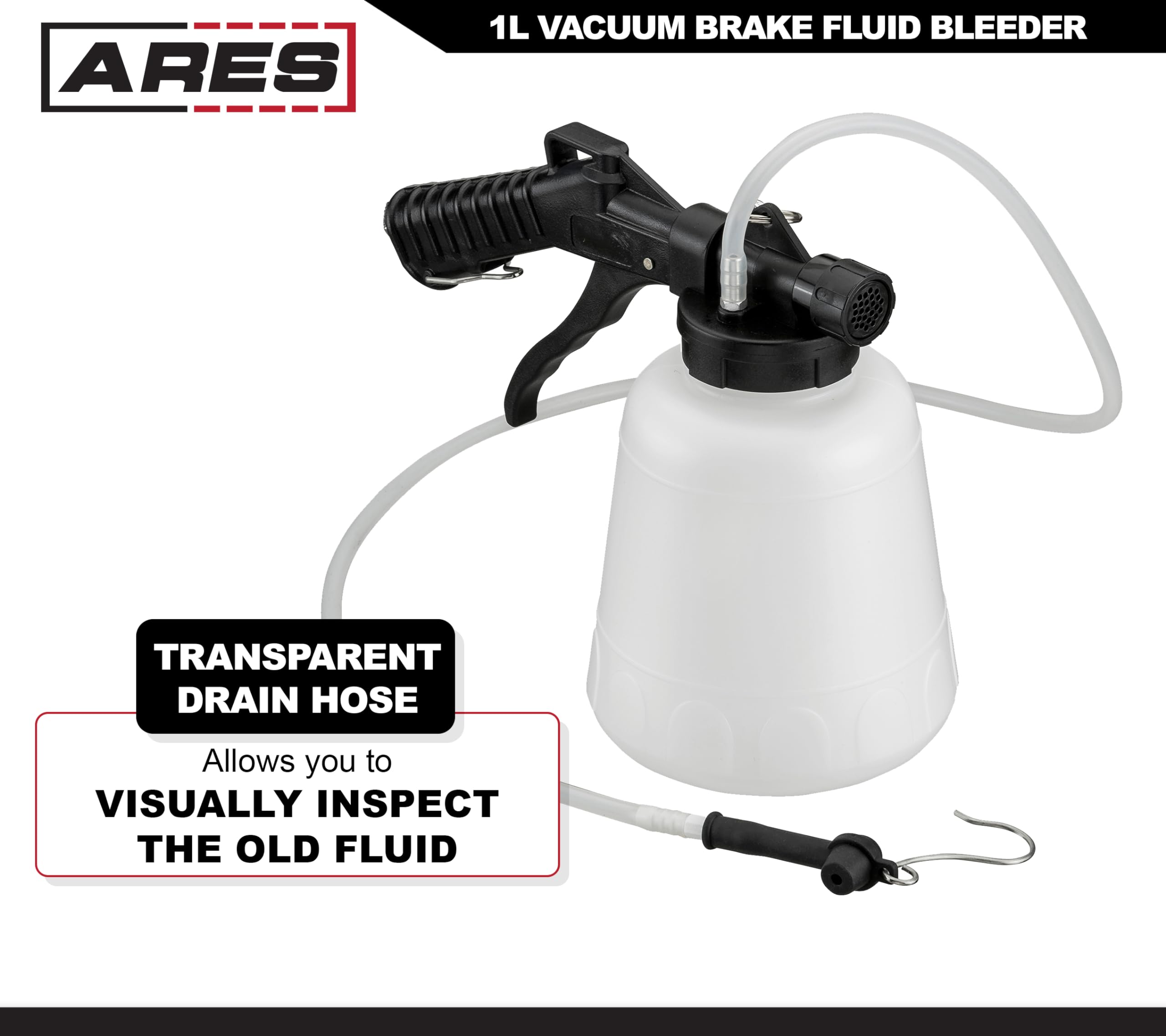 ARES 70923 Vacuum Brake Fluid Bleeder Kit - 1 Liter Brake Fluid Extractor with Hanging Hook & Locking Trigger for Hands-Free Operation - Perfect for Car Maintenance, Motorcycle Repair & DIY Auto Service
