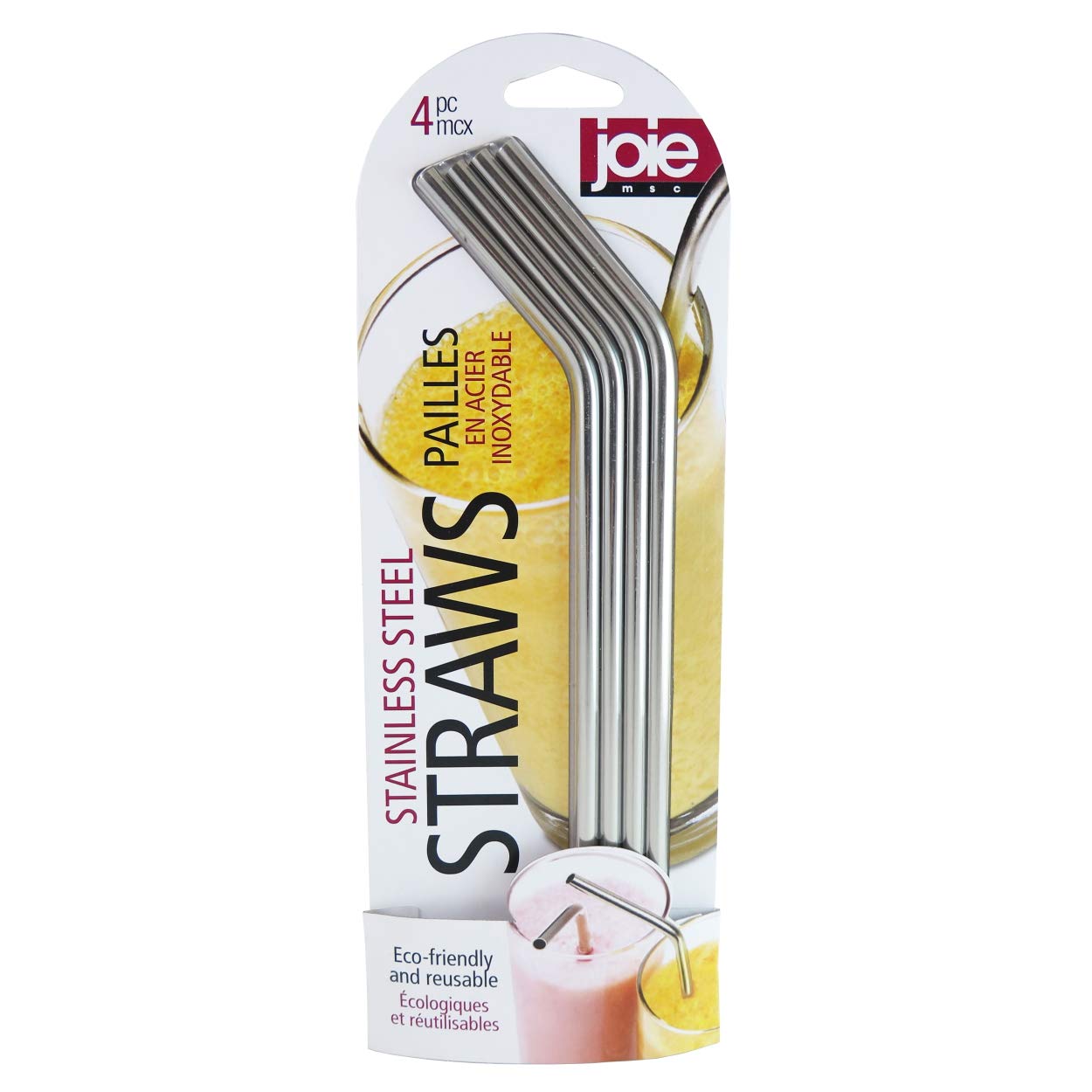 Joie 4-Piece Reusable Stainless Steel Straws Set with Cleaning Brush - Eco-Friendly Metal Drinking Straws for Smoothies, Iced Coffee & Cocktails at Home or Travel
