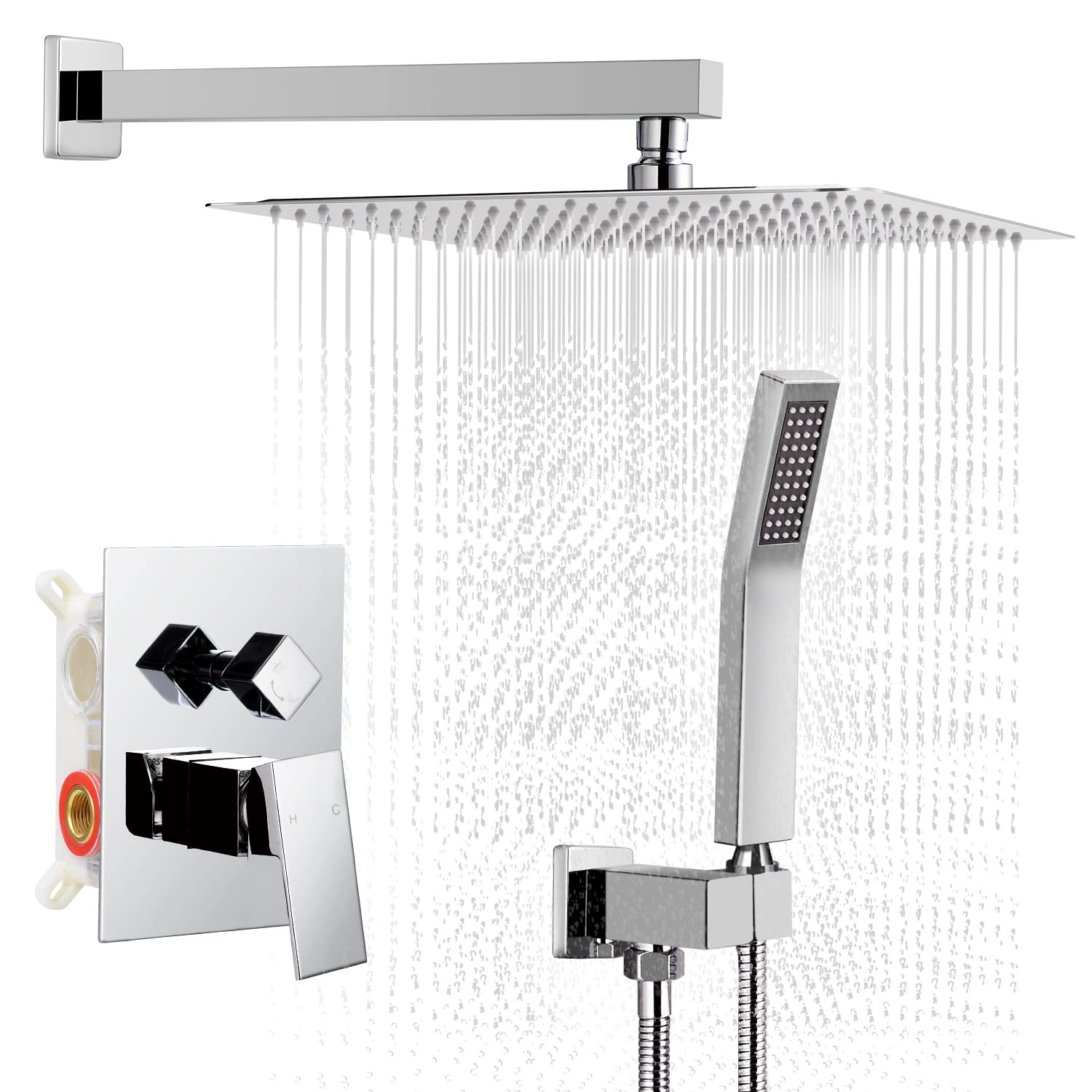 Qomolangma 12 Inch Rain Shower System - Wall Mounted Bathroom Shower Faucet Set with Pressure Balance Valve, 2-Function Shower Head (Rain & Handheld Spray) - Perfect for Modern Bathrooms & Spa-Like Shower Experience