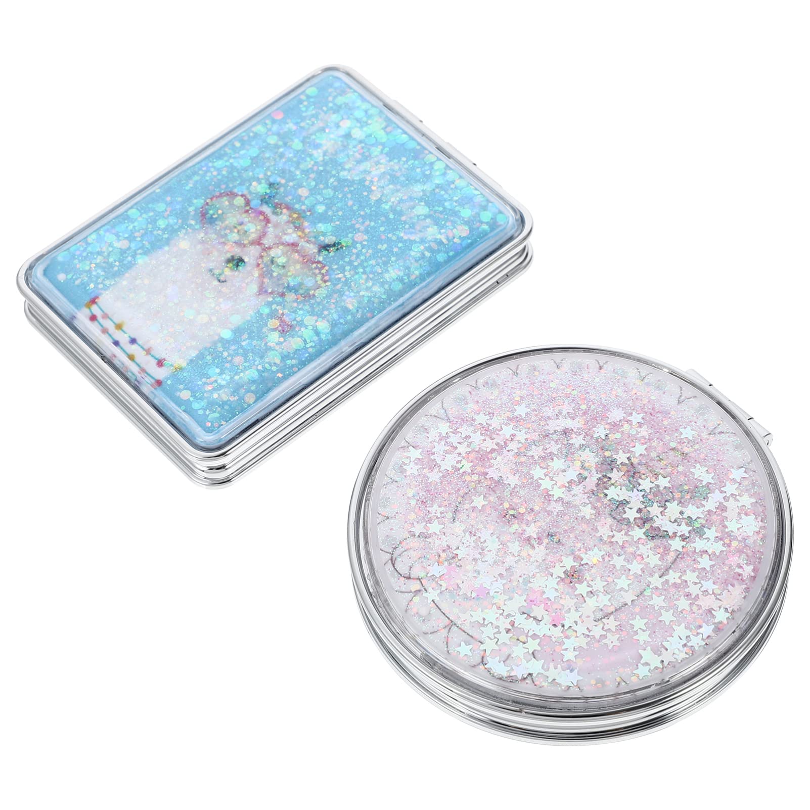 Milisten 2-Pack Round Foldable Quicksand Makeup Mirror - Portable Double-Sided Compact Mirror with Glitter Finish, Cute Cartoon Sheep & Cat Design - Perfect Handheld Mirror for Women & Girls | Great for Travel, Home Vanity, and Gift Giving