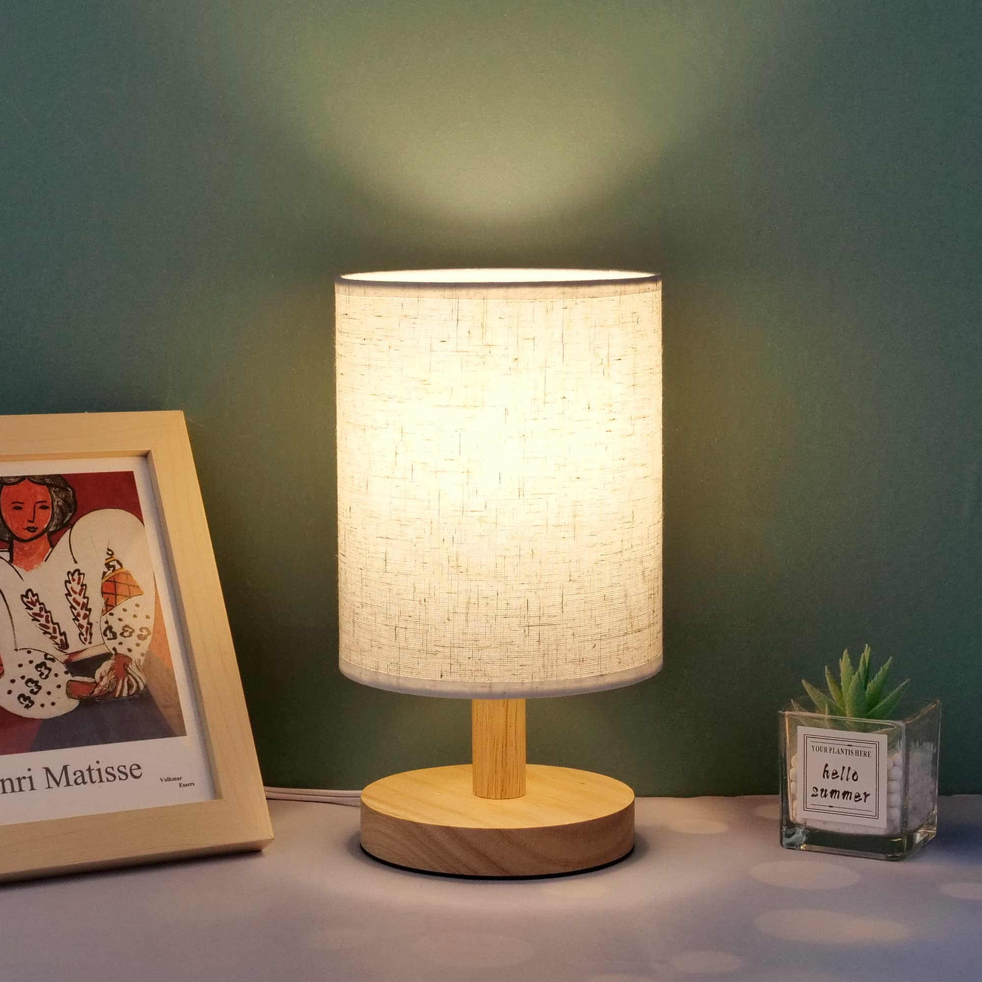 Wooden Small Table Lamp with Linen Shade - Mini Bedside Night Light, Simple Desk Lamp for Bedroom, Living Room & Kids Room - Includes LED Bulb (Round) - Perfect for Reading, Relaxing & Nighttime Ambience