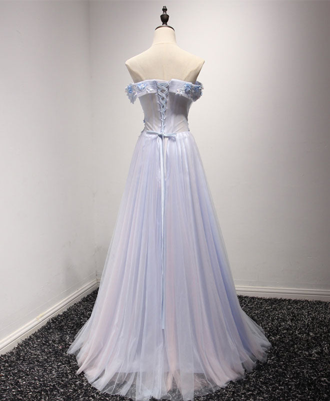 Elegant Light Blue Tulle Lace Long Prom Dress with Floral Embroidery - Formal Evening Gown for Homecoming, Quinceañera & Wedding Guest - Perfect for Prom Night, Ball Gowns & Special Occasions