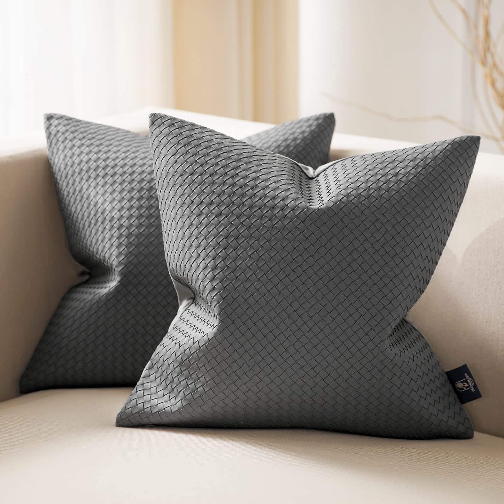 Premium Faux Leather Pillow Covers Set of 2 - 20x20 Inch Woven Leather Throw Pillows for Couch, Sofa & Bed - Modern Farmhouse Decor Grey Pillow Cases - Perfect for Living Room, Bedroom & Outdoor Patio