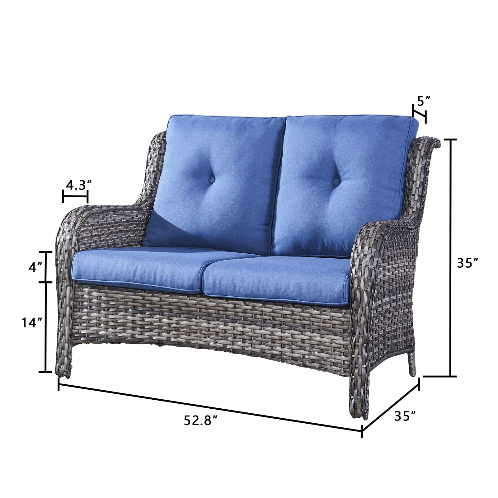 2-Seat Wicker Patio Loveseat - Outdoor Rattan Sofa with Deep Seating & Cushions, Mixed Grey/Blue - Perfect for Porch, Deck, Balcony & Backyard Relaxation