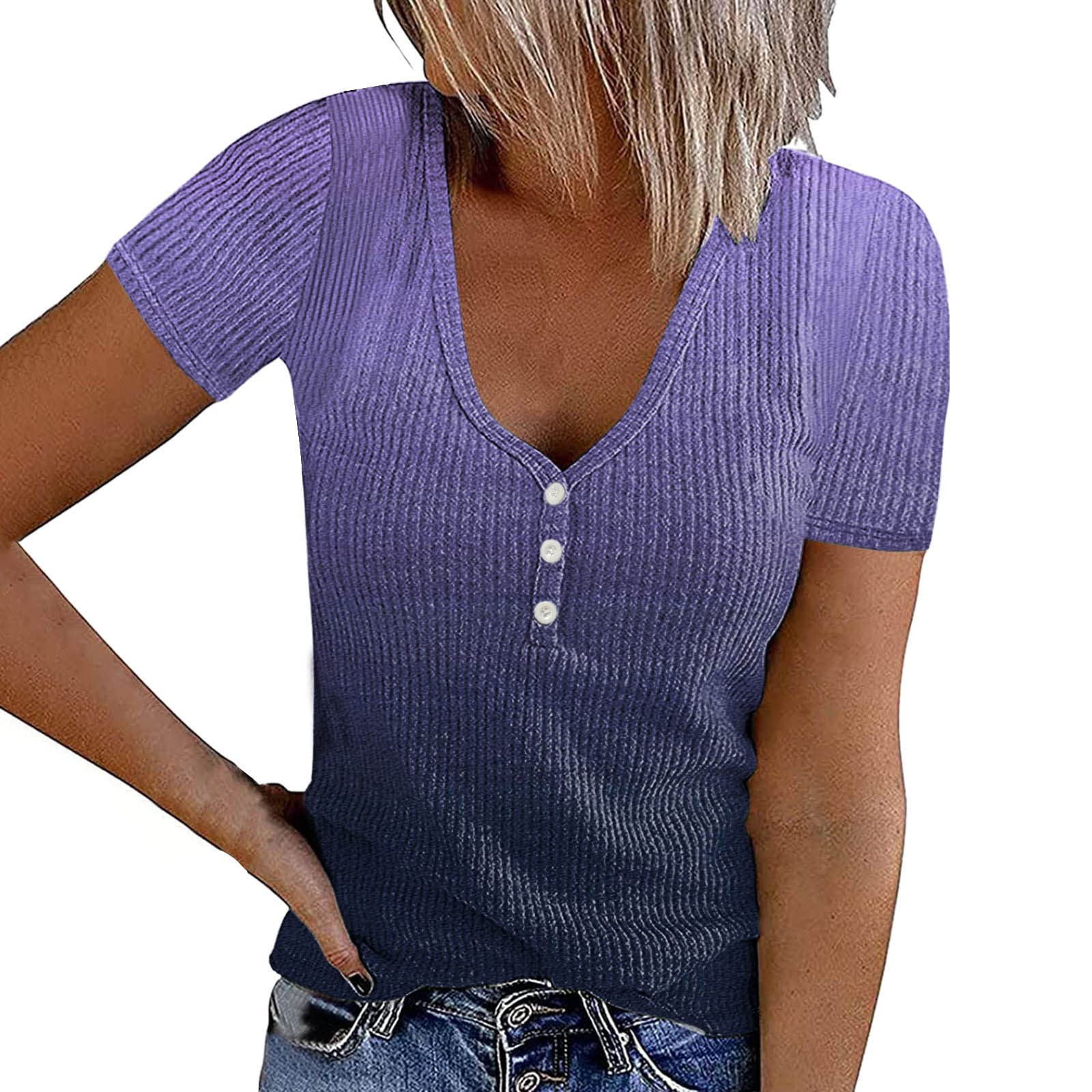 Women's Summer Casual Short Sleeve V-Neck Ribbed Blouse - Gradient Purple Button-Up Shirt for Women (Size S) | Perfect for Beach Outings, Date Nights & Office Wear