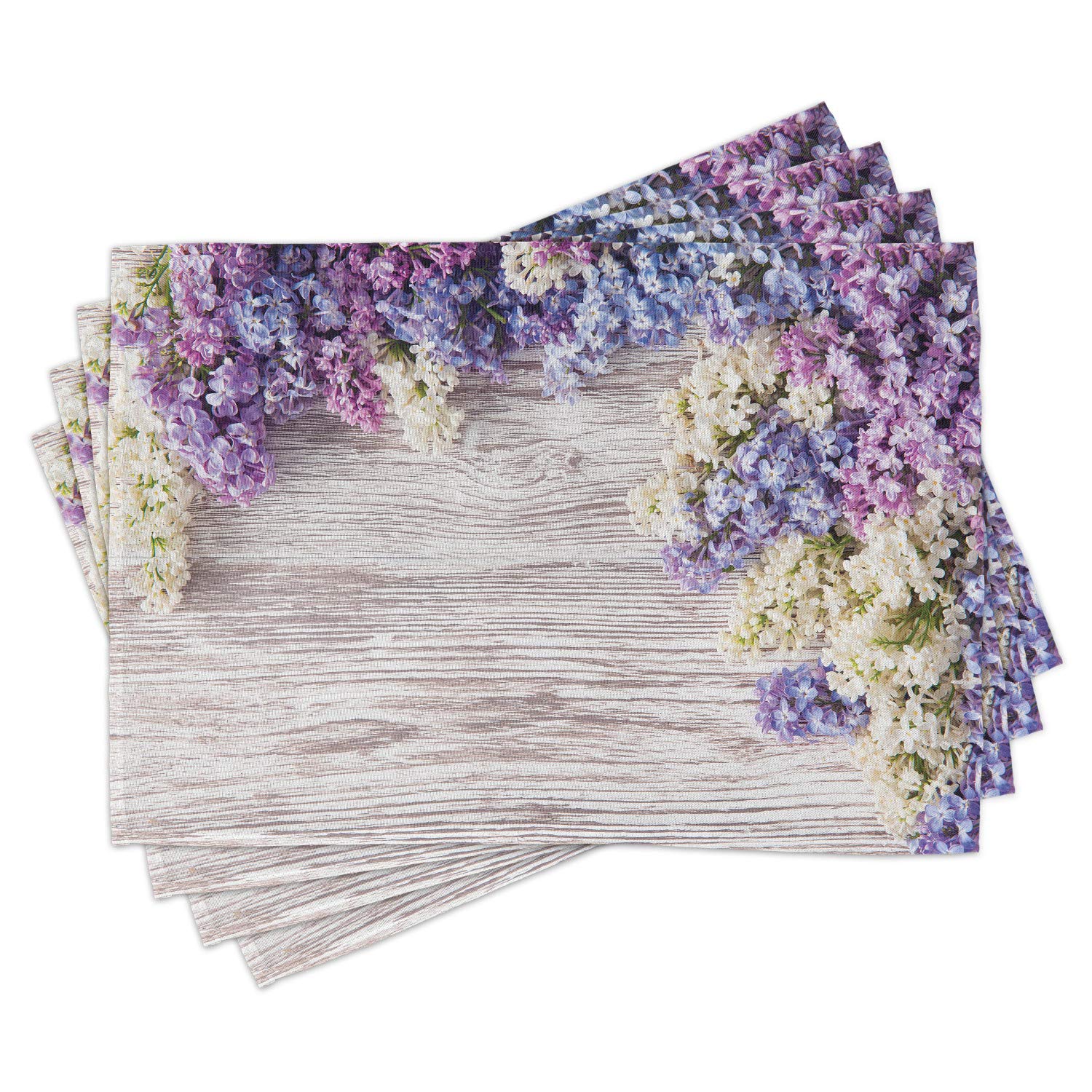 Ambesonne Rustic Place Mats Set of 4 - Floral Lilac Bouquet on Wood Table Design, Washable Fabric Dining Table Mats for Spring & Romantic Decor, Standard Size 12x18 Inches - Perfect for Dinner Parties, Wedding Receptions & Home Decor