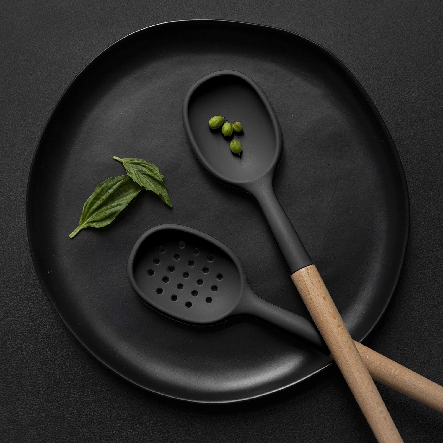 Non-Stick Silicone Cooking Utensil Set with Wooden Handles - 6-Piece Kitchen Tool Set for Baking, Frying & Stirring - Perfect for Home Chefs & Holiday Cooking (Black)