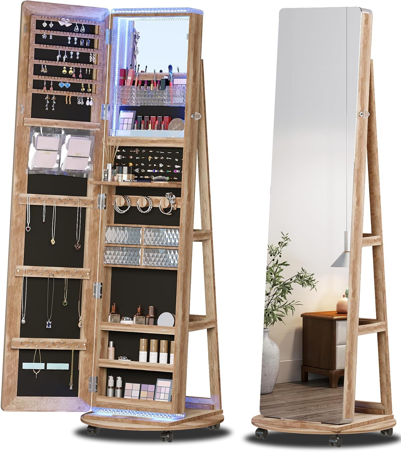 360° Swivel Full-Length Mirror Jewelry Cabinet with LED Lights - Jewelry Armoire Organizer with Storage Shelves & Floor Stand - Perfect for Bedroom, Closet & Dressing Room Decor