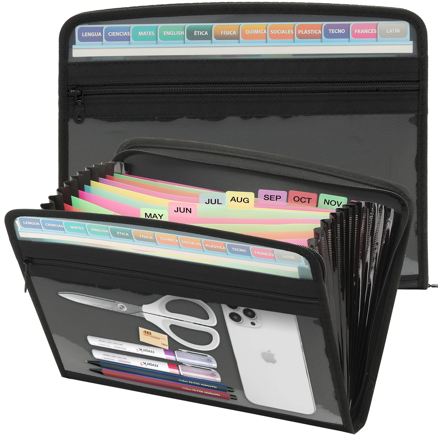 13-Pocket Expanding File Folder with Zipper - Black Accordion Document Organizer for Papers, Letters & Receipts - Expandable File Holder with Clear Front Pouch for Office, School & Home Organization