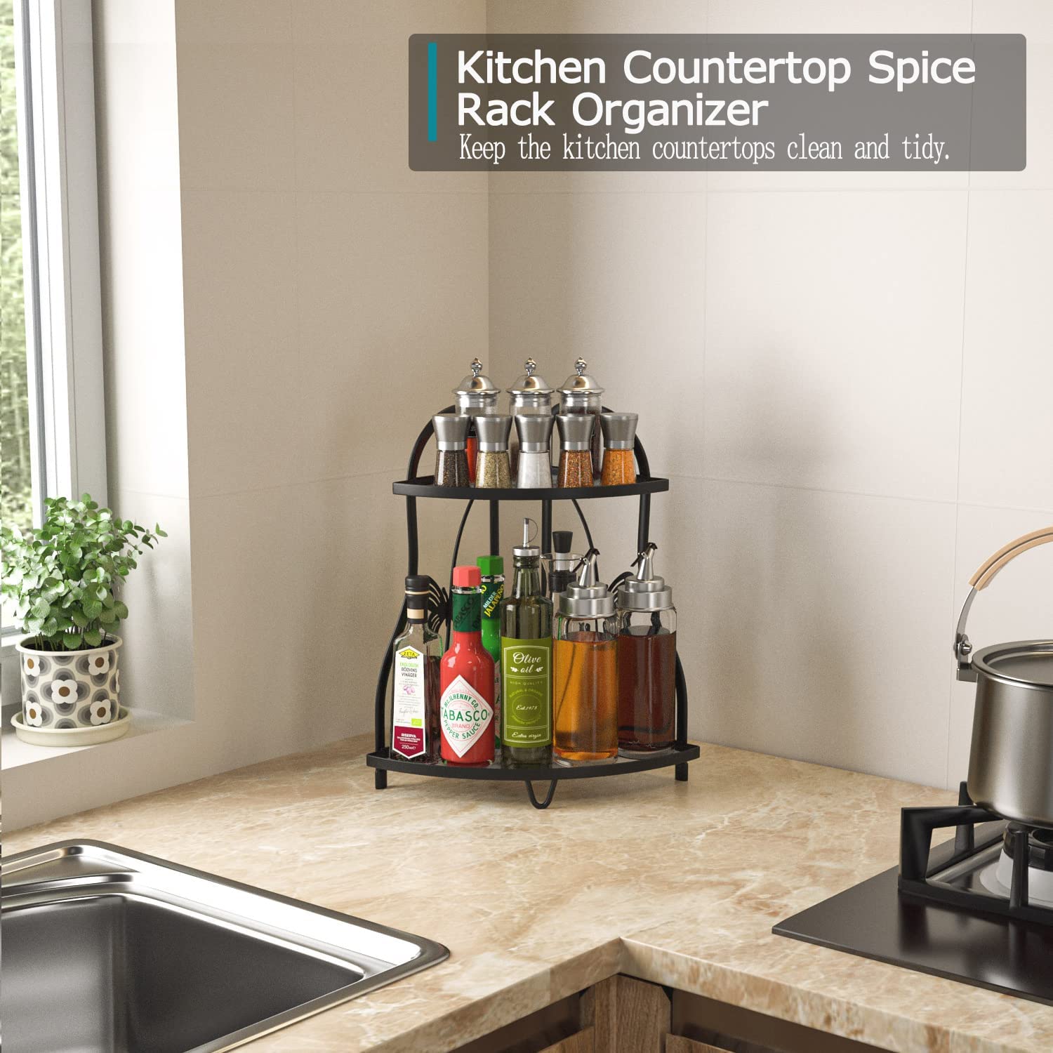 Corner Bathroom Sink Organizer & Kitchen Spice Rack Shelf - Space Saving Countertop Storage for Bathroom & Kitchen - Black - Perfect for Small Spaces & Clutter-Free Organization