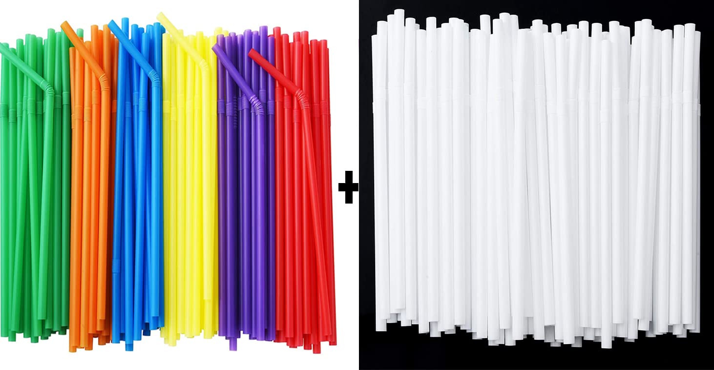 ALINK 500 Colorful Flexible Straws + 500 White Plastic Straws - Bulk Party Supplies for Smoothies, Cocktails & Milkshakes | Perfect for Home, Cafes & Restaurants