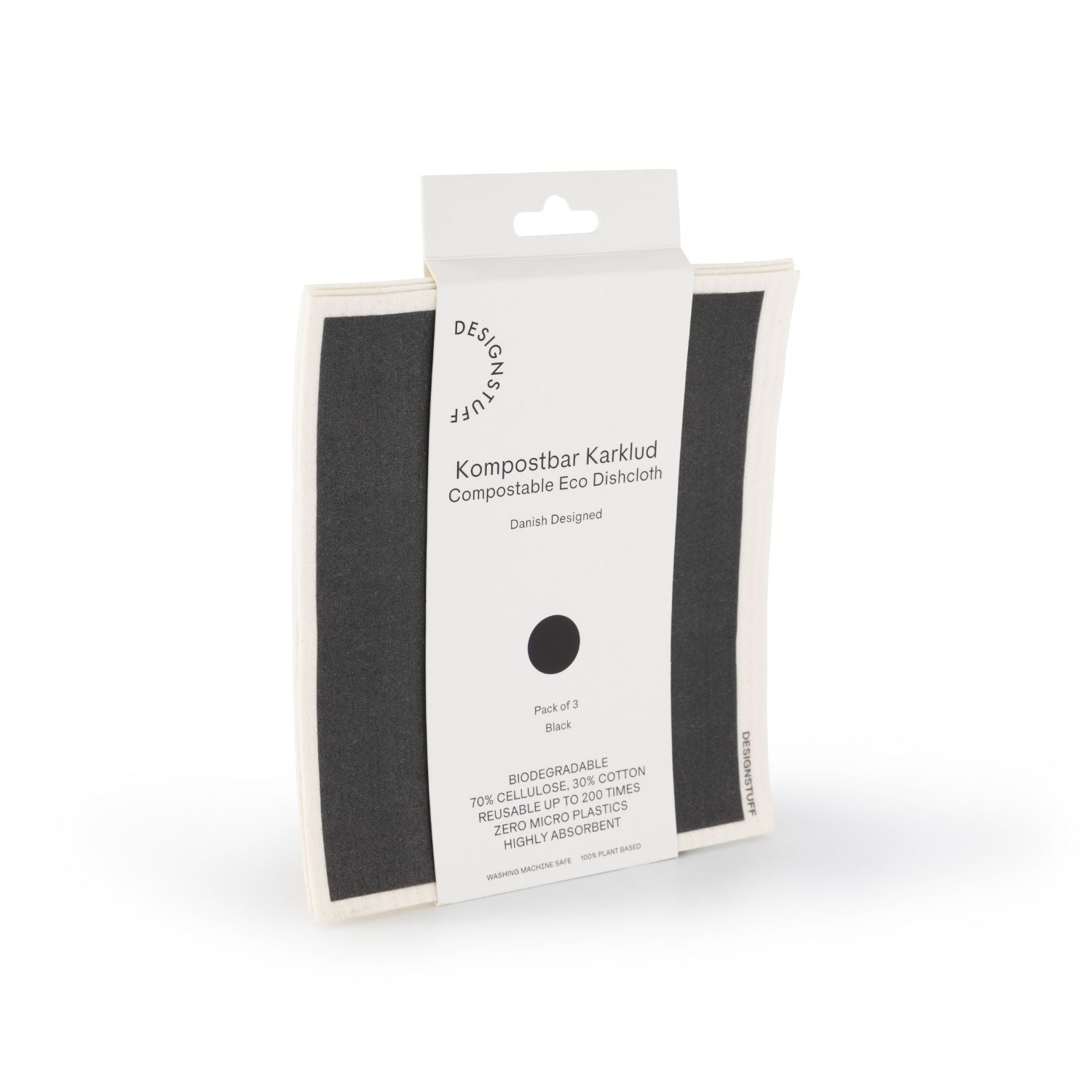 DESIGNSTUFF Biodegradable Eco-Friendly Dish Cloths - 3 Pack, Black | Reusable & Compostable Kitchen Towels for Cleaning, Wiping & Sustainable Living