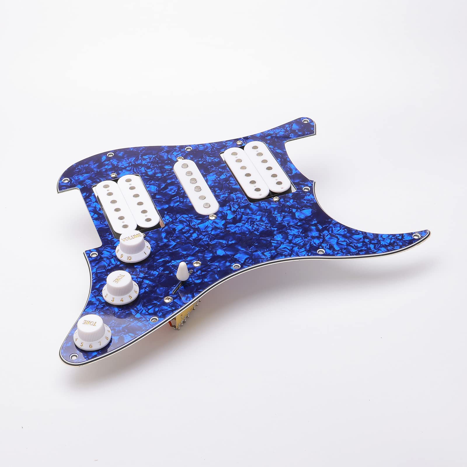 11 Hole Prewired HSH Pickguard with White Pickups for Stratocaster - 4 Ply Blue Pearl, Includes 6 Guitar Strings & Installation Tool - Perfect for DIY Guitar Upgrades & Custom Builds