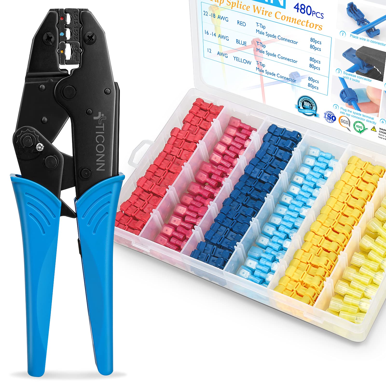 TICONN 480-Piece T-Tap Wire Connectors Kit with Crimping Tool - Heat Shrink Electrical Connectors for Automotive, Marine & DIY Wiring Projects
