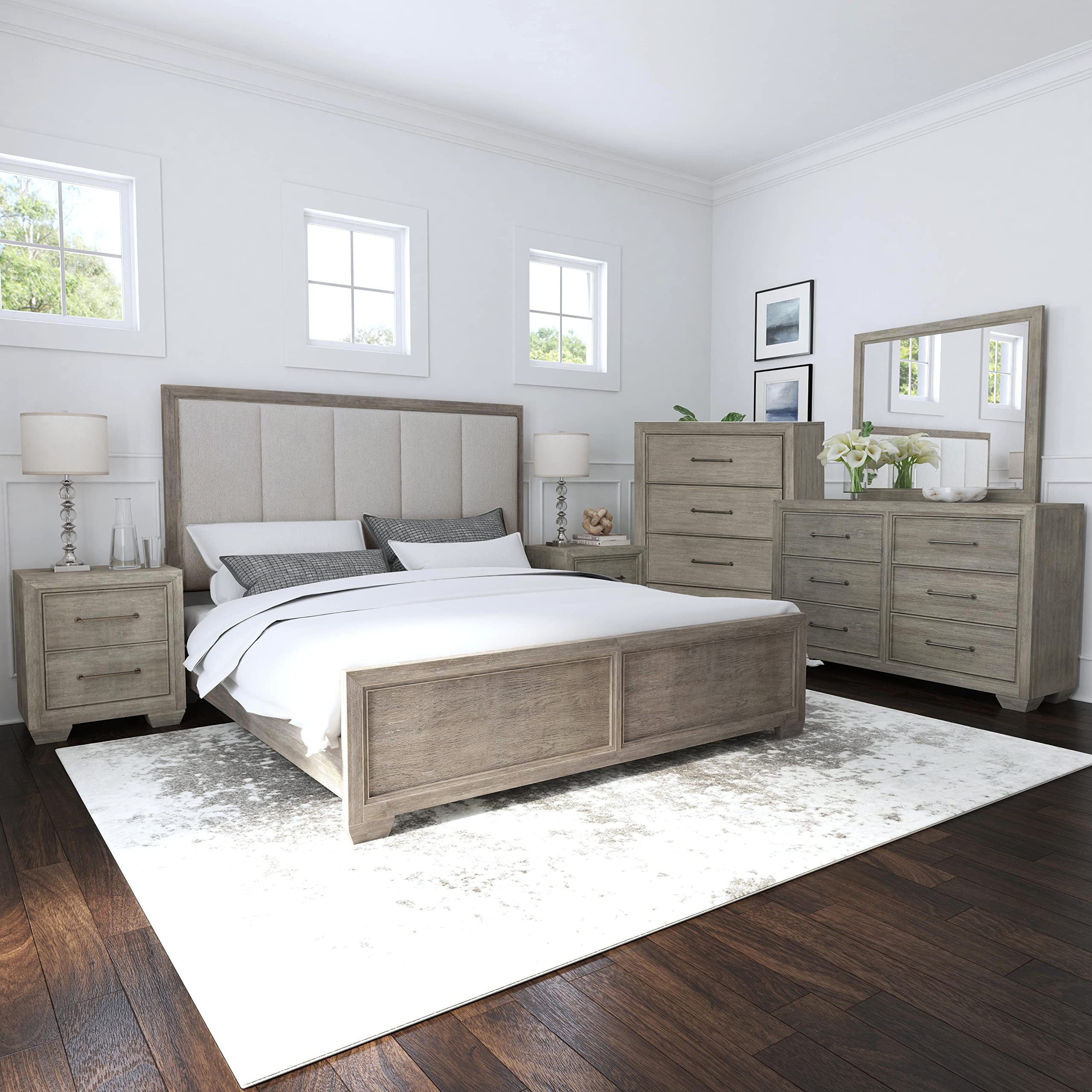 Roundhill Furniture Ennesley Wood Bedroom Set - Upholstered Panel King Bed, Dresser, Mirror, 2 Nightstands & Chest in Gray | Complete Bedroom Suite for Master Bedroom, Guest Room & Apartment Decor