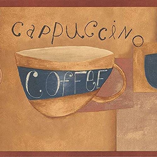 CONCORD WALLCOVERINGS ™ Kitchen Wallpaper Border - Coffee Theme Design with Cups, Pitcher, Cappuccino & Espresso Motifs (Beige, Red, Camel) - 7