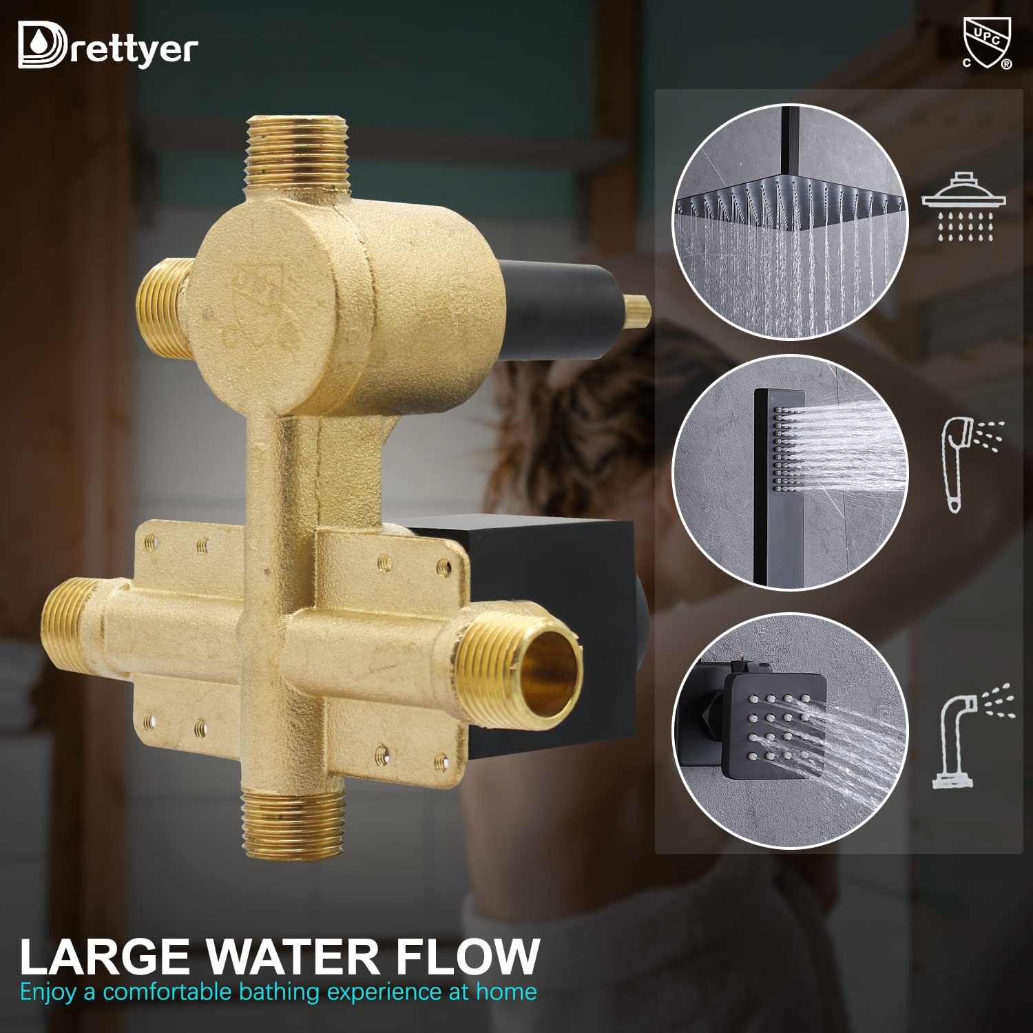 Matte Black Concealed 3-Way Shower Diverter Valve - Brass Flow Control Mixer with Rough-In Kit | Perfect for Modern Bathroom Renovations & Spa-Like Shower Experiences
