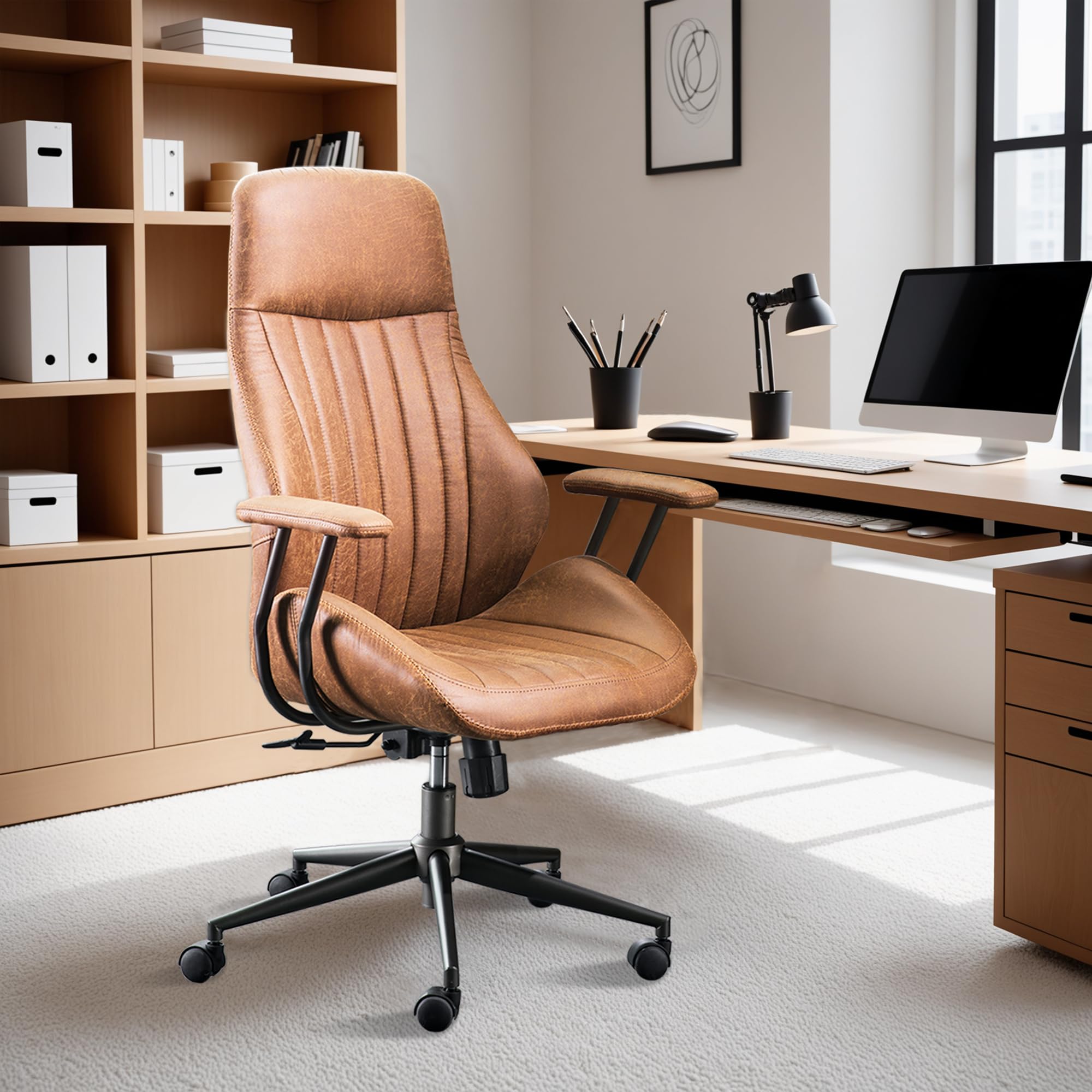 Ovios Mid Century Modern Office Chair with Lumbar Support - Ergonomic High Back Executive Chair with Swivel Wheels, Brown Suede Leather - Perfect for Home Office, Conference Rooms & Workspaces