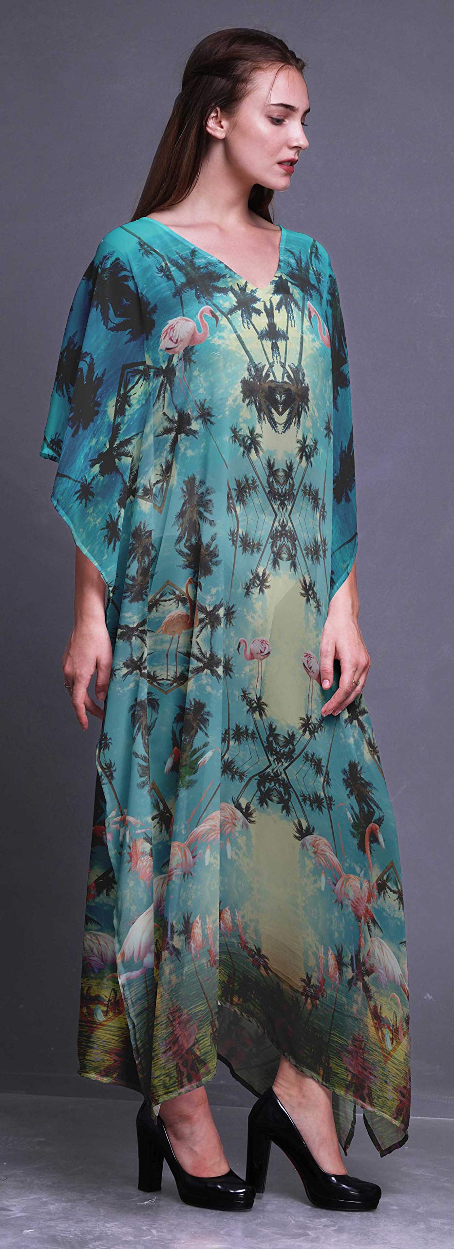 Women's Floral Palm Tree & Flamingo Beach Kaftan - Breezy Long Maxi Dress Cover Up for Swimwear | Perfect for Pool Parties, Vacations & Summer Outings
