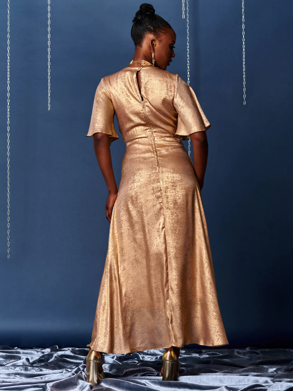 Metallic Gold Wrap Maxi Dress for Women - Elegant Evening Gown for Party, Wedding & Special Occasions