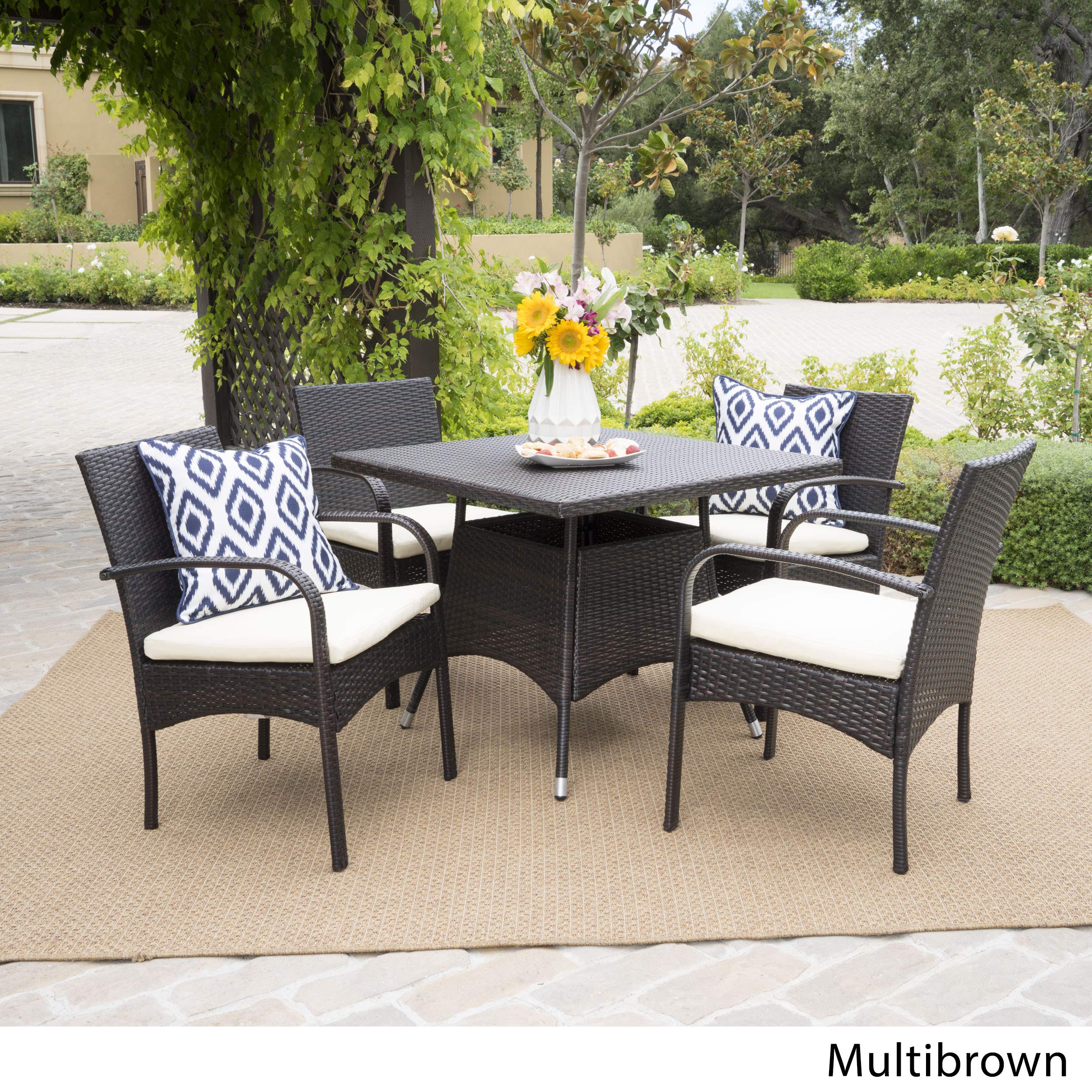 Christopher Knight Home Patterson 5-Piece Outdoor Wicker Dining Set - All-Weather Rattan Furniture with Cushions, Brown Patio Set for Garden, Poolside & Backyard Dining