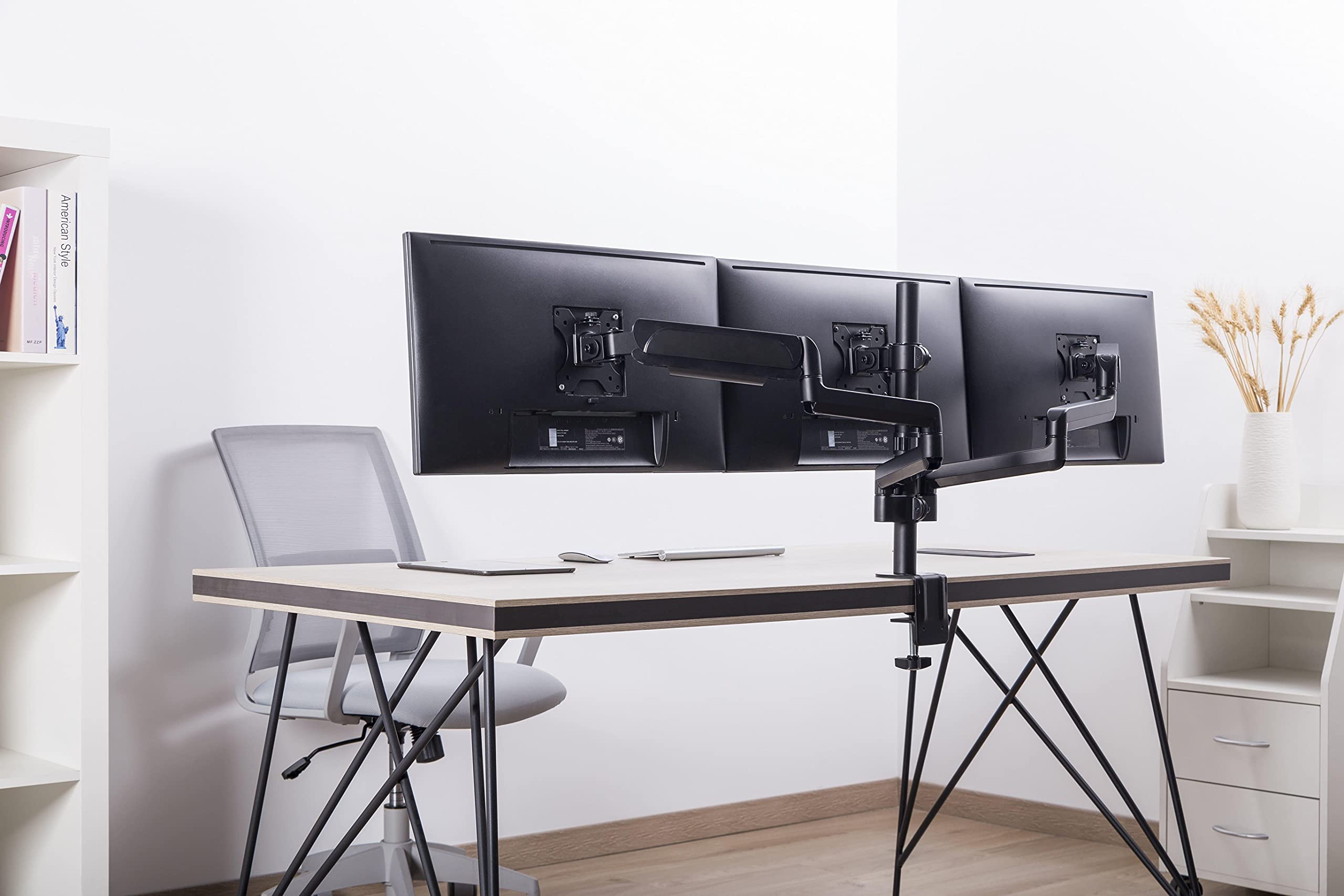 PrimeCables Triple Monitor Stand Mount for 17-27 Inch LCD Screens - Heavy Duty Adjustable Gas Spring Desk Mount with Grommet Kit & Clamp (Black) - Perfect for Home Office, Gaming Setup & Multi-Tasking Workspaces