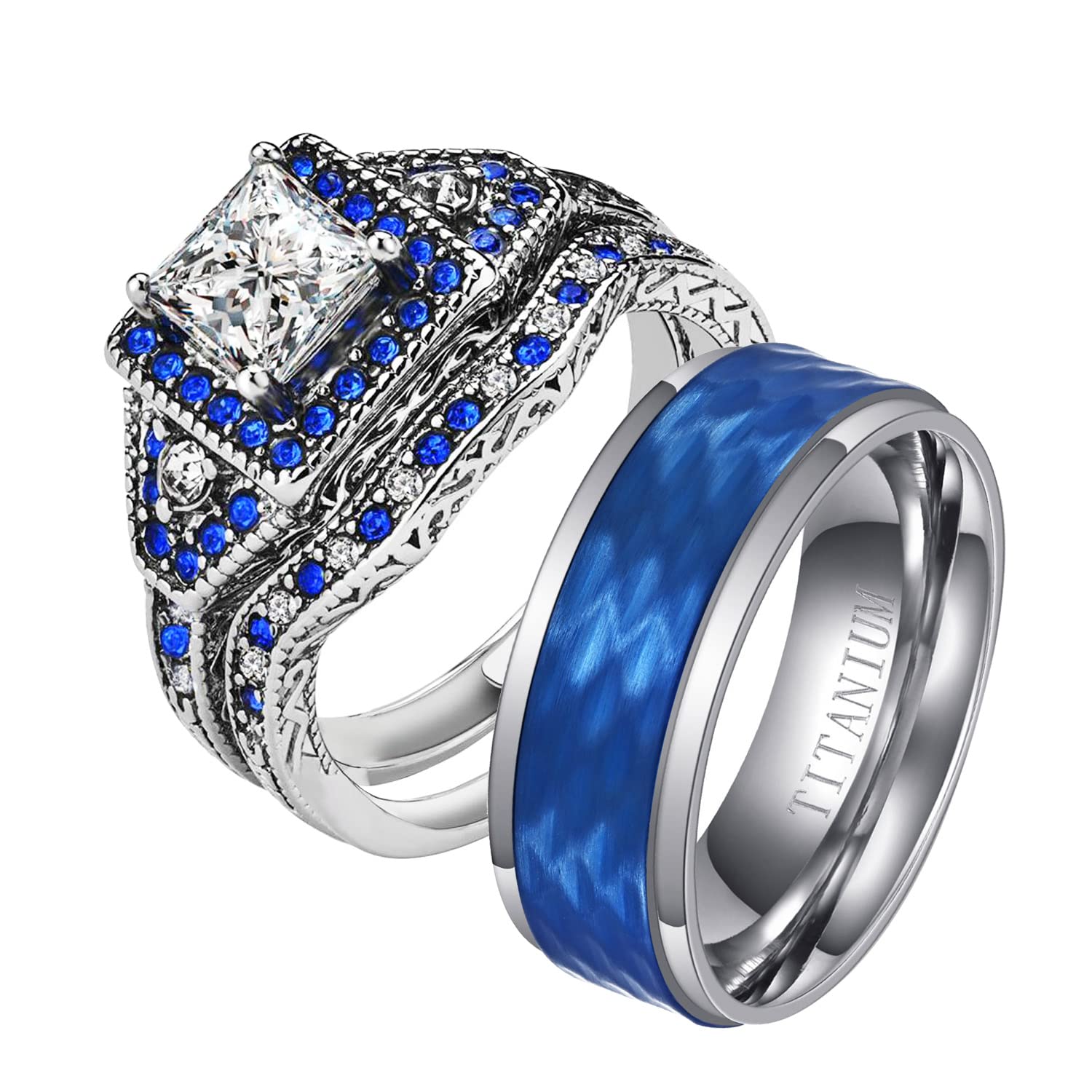 Adjustable Wedding Ring Sets for Couples - His & Hers Matching Promise Rings in 925 Sterling Silver & Titanium with CZ Stones | Perfect for Engagements, Anniversaries, and Bridal Jewelry Gifts