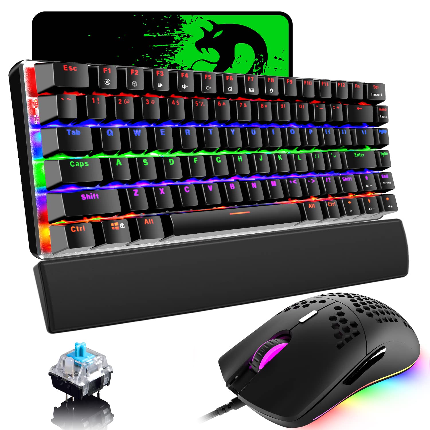 4-in-1 Gaming Keyboard and Mouse Combo Set - RGB Backlit Wired Keyboard, 6400 DPI Honeycomb Lightweight Gaming Mouse, Wrist Rest & Mouse Pad for PC Gamers (Black) - Perfect for Esports, Streaming & Office Work