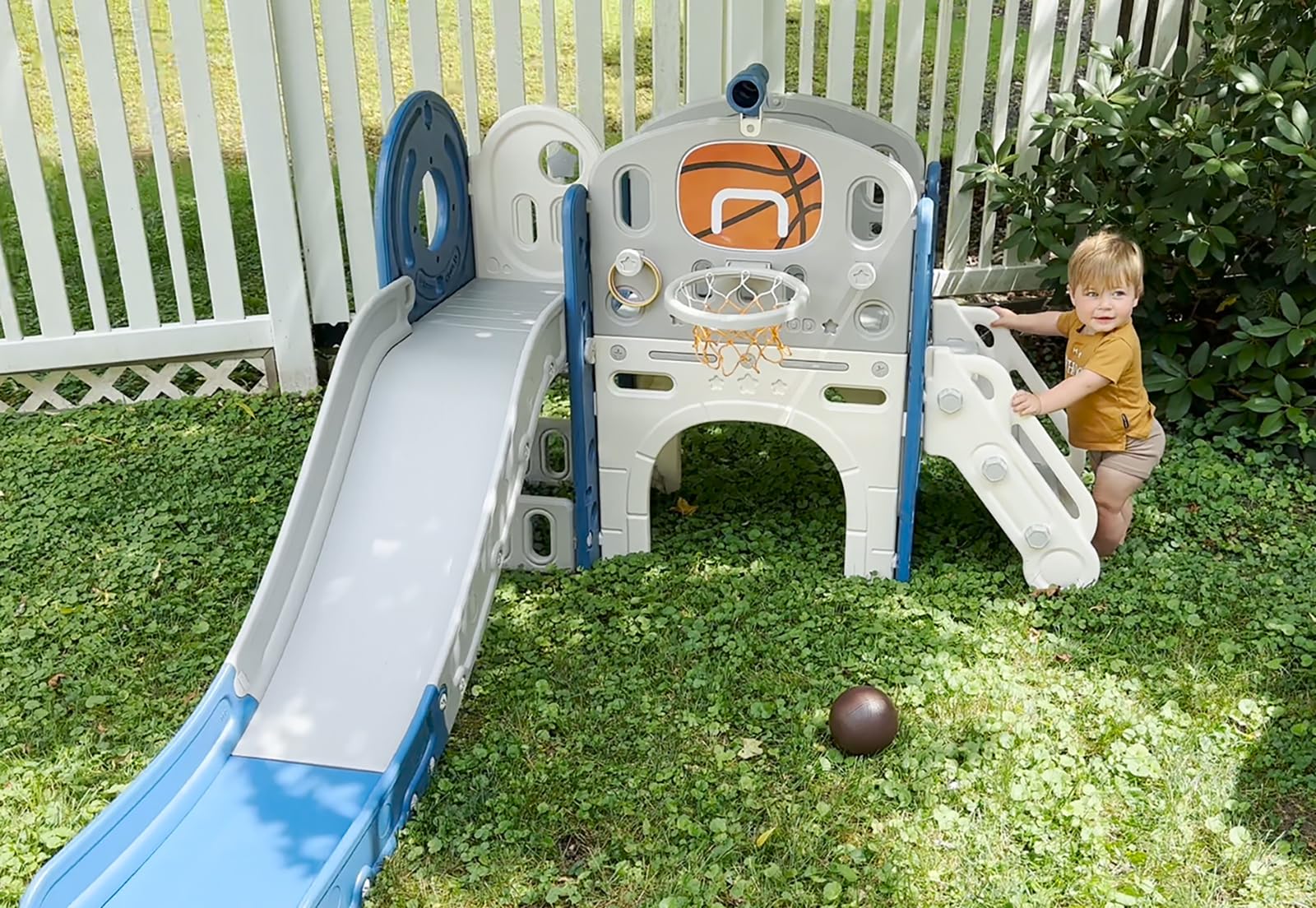 XJD 8-in-1 Toddler Slide and Climber Playset with Basketball Hoop - Indoor & Outdoor Playground for Kids Ages 1-3 Years - Perfect for Backyard, Playroom, Daycare and Preschool (Blue Grey)