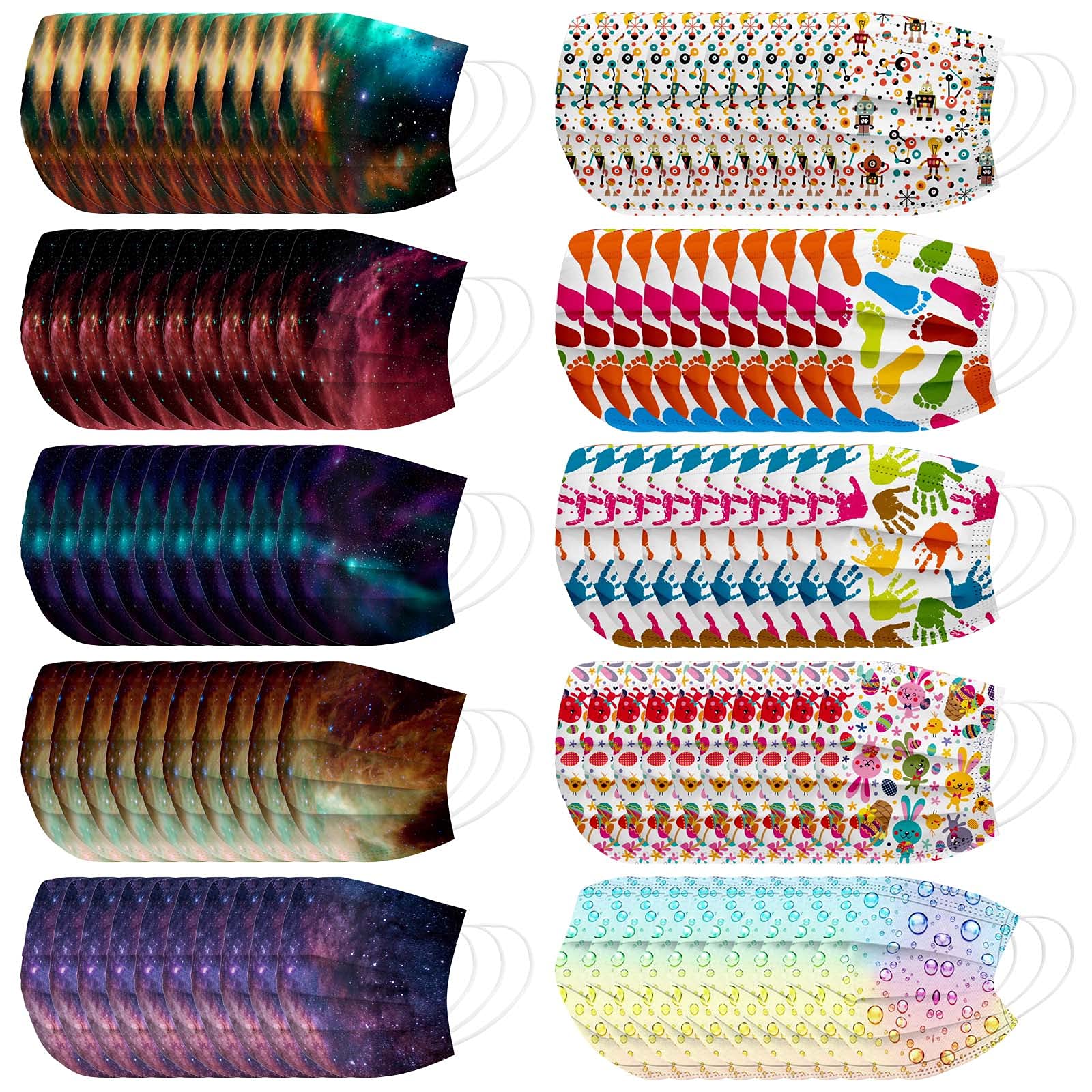 100-Pack Kids Disposable Face Masks for Girls & Boys - Assorted Colors, Cute Cartoon Designs with Nose Wire & Elastic Earloop | 3-Ply Breathable Face Covering for School, Outdoor Activities, and Daily Protection