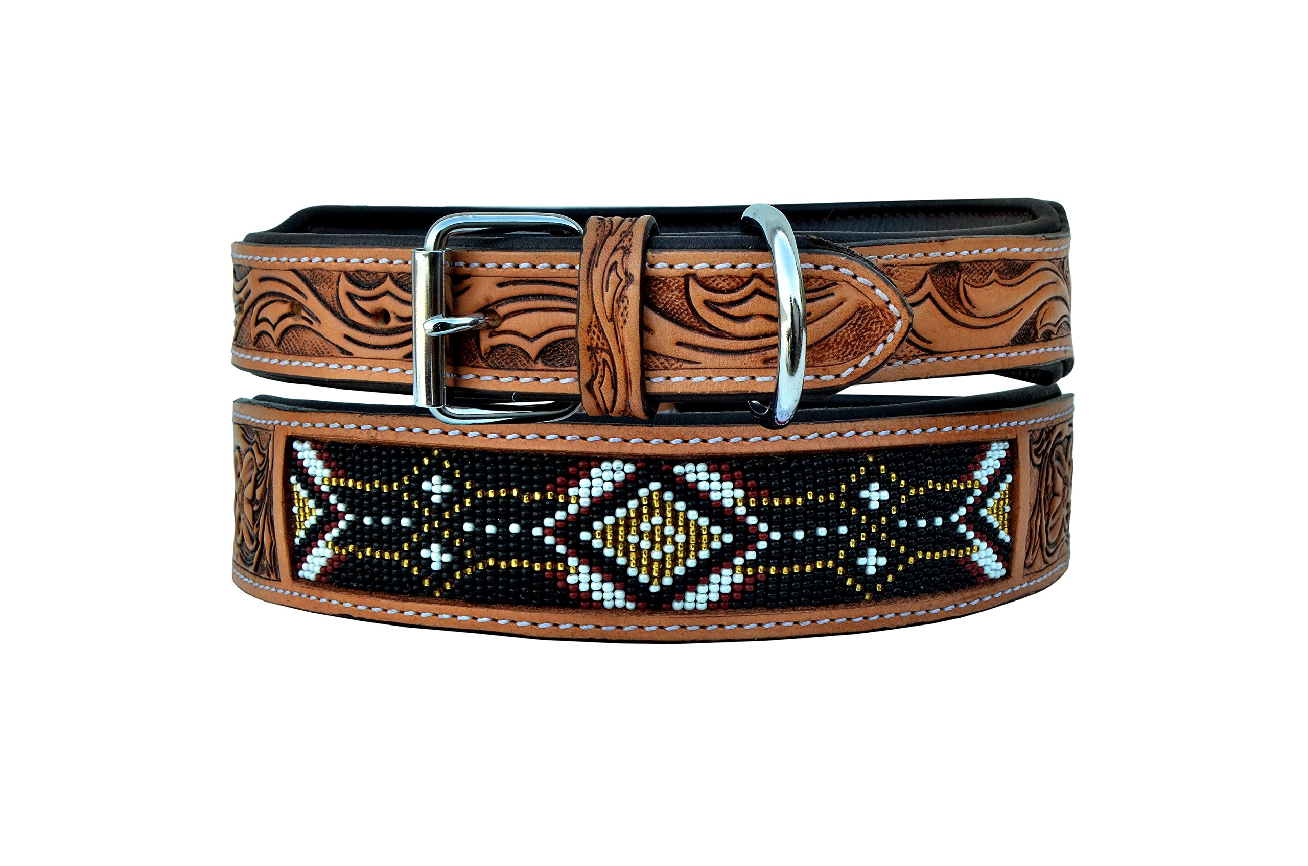Western Beaded Leather Dog Collar - Heavy Duty Tooled Adjustable Pet Collar for Large Dogs - Perfect for Training, Walking, and Outdoor Adventures