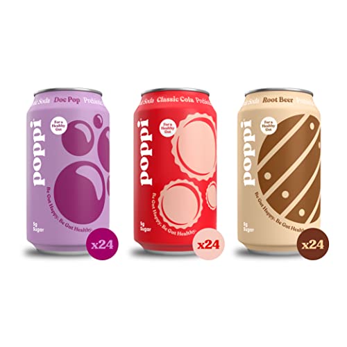 POPPI Sparkling Prebiotic Soda 72-Pack - Classic Cola, Doc Pop & Root Beer Flavors | Low Calorie, Low Sugar Drinks with Apple Cider Vinegar for Gut Health & Immunity Support | Perfect for Parties, Office Snacks & Healthy Lifestyle | 12oz Cans