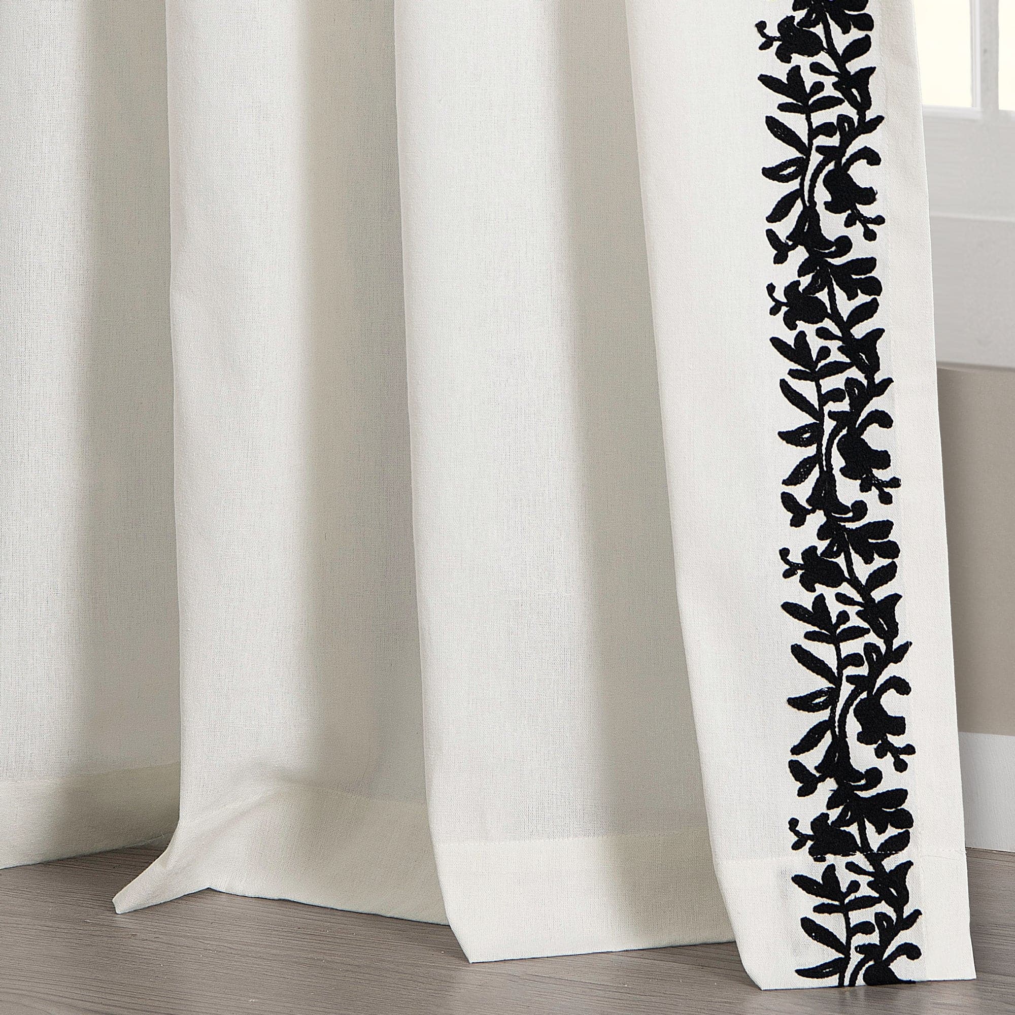 Luxury Modern Floral Linen-Like Embroidery Border Window Curtain Panel - Elegant Home Decor for Living Room, Bedroom & Dining Room