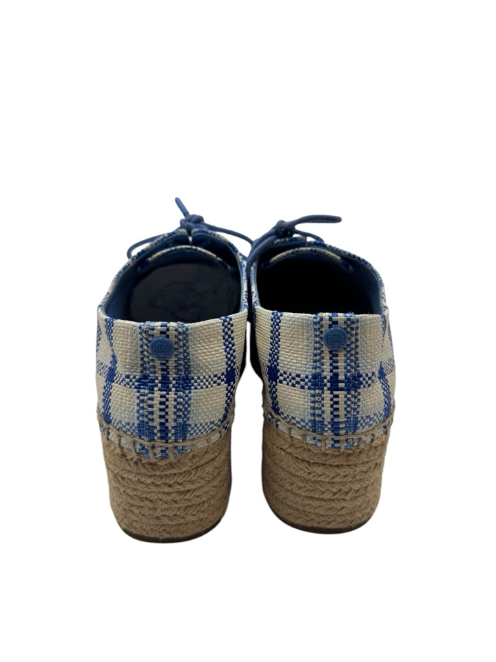 Tory Burch Blue Plaid Florence Espadrille Wedge Sandals - Women's Size 7.5 (US) Comfortable Casual Summer Shoes for Beach, Vacation & Everyday Wear