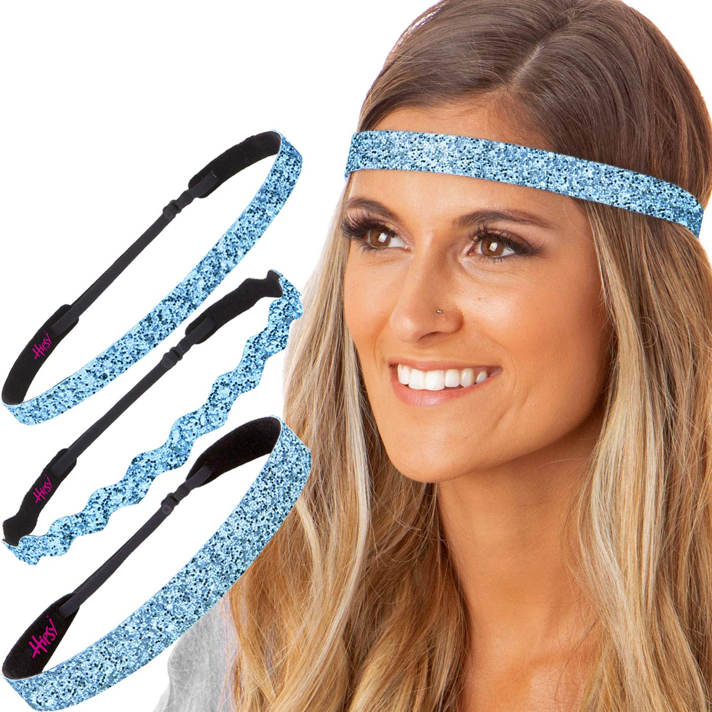 Sparkly Bling Adjustable No-Slip Headbands for Women, Girls & Teens - PETITE Size, Mixed 3 Pack (Glitter Light Blue) - Perfect for Sports, Workouts, and Everyday Fashion