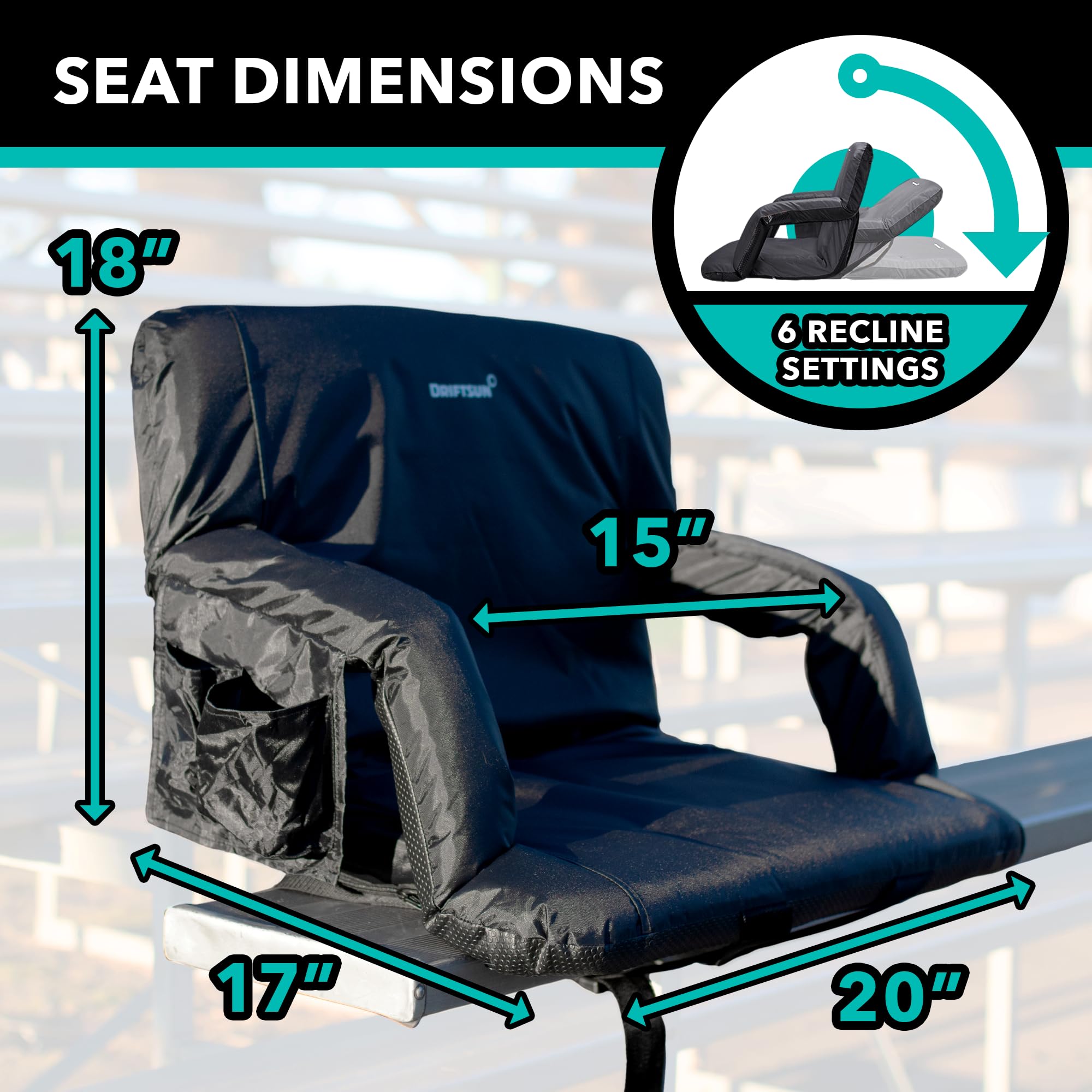 Driftsun Stadium Seats with Back Support - Premium Bleacher Chairs with Comfort Cushion & Waterproof Padded Seat | Perfect for Outdoor Sports Events, Concerts, Picnics & Camping