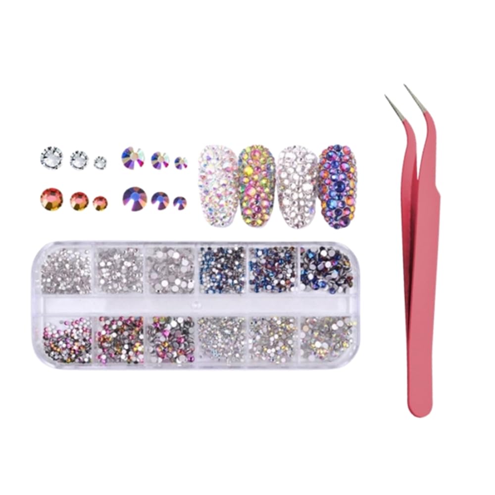 1440pcs Nail Art Rhinestones Kit - 6 Sizes Flatback AB Rhinestone Gems for Nail Decorations, DIY Crafts, Manicure & Pedicure | Includes Tweezers for Easy Application | Perfect for Home Salon, Party Nails, Bridal Makeup & Gift Ideas
