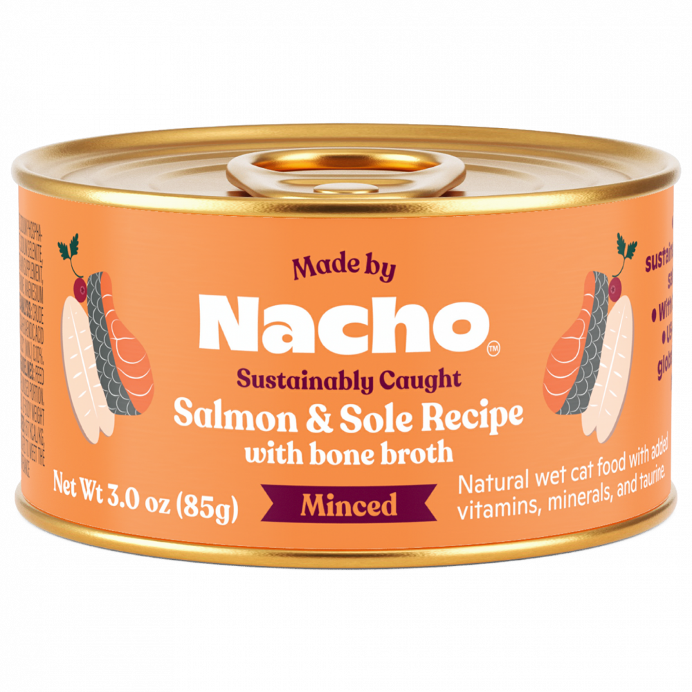 Made By Nacho Sustainably Caught Minced Salmon & Sole Recipe With Bone Broth - Premium Grain-Free Cat Food for Healthy Skin & Coat - Perfect for Adult Cats & Kittens at Mealtime or as a Tasty Treat