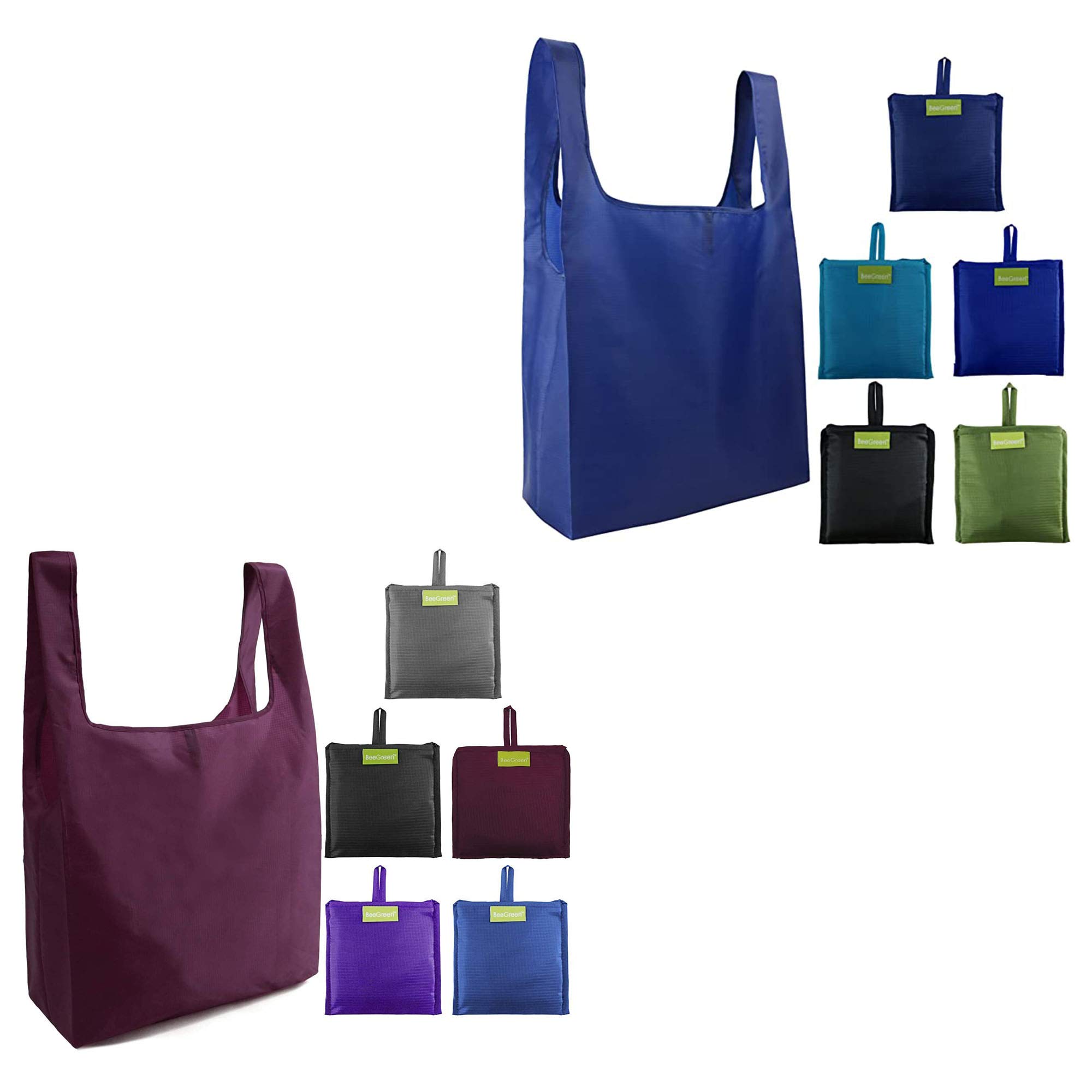 Ripstop Reusable Grocery Bags 10 Pack - Foldable Shopping Totes with Attached Pouch, Durable Washable Polyester Grocery Tote Bags for Supermarket, Farmers Market & Eco-Friendly Shopping