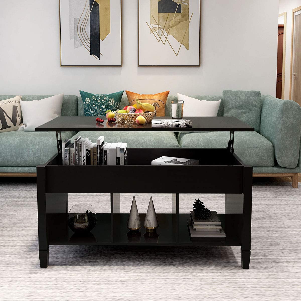 Modern Lift Top Coffee Table with Hidden Storage - Solid Wood Living Room Furniture, Convertible Desk & Shelf - Black - Perfect for Small Spaces, Home Office & Entertaining