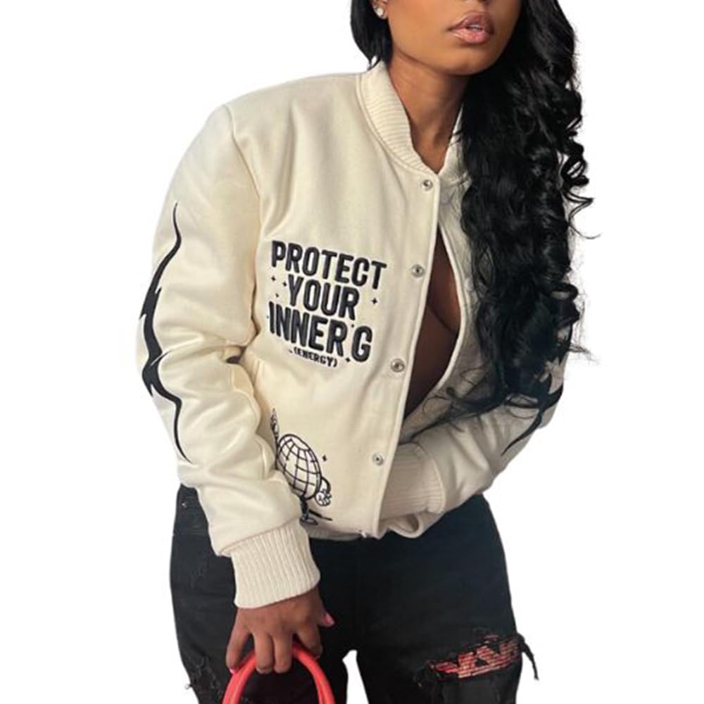 Molilove Women's Vintage Varsity Jacket | Baseball Bomber Jacket | Unisex College Casual Streetwear Coat | Perfect for School, Sports & Urban Fashion